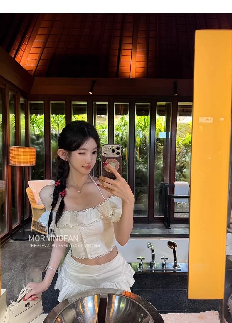 안녕하세요. 팬 팬 일광 절약 시간 분위기 센스 작은 흰색 꽃 면 레이스 칼라 7부 소매 오프숄더 반팔 맨위 상세 이미지 28