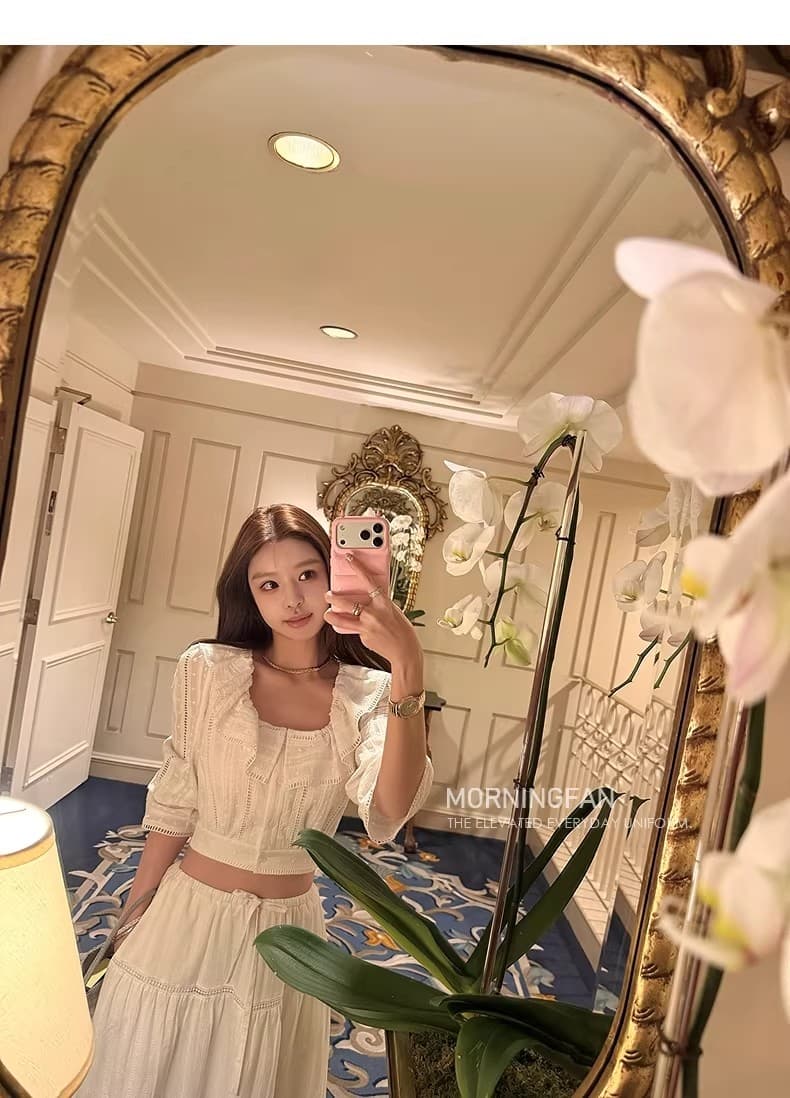 안녕하세요. 팬 팬 일광 절약 시간 분위기 센스 작은 흰색 꽃 면 레이스 칼라 7부 소매 오프숄더 반팔 맨위 상세 이미지 35