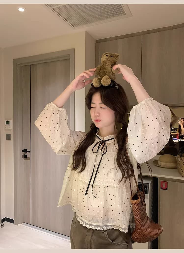 ptonumi 조기 지 봄 나이 오프숄더 도트 무늬 여성 셔츠 슈퍼 잘 생긴 슬림해 보이는 맨위 여름 품격 부드러운 인형 셔츠 상세 이미지 14