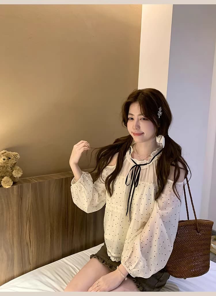 ptonumi 조기 지 봄 나이 오프숄더 도트 무늬 여성 셔츠 슈퍼 잘 생긴 슬림해 보이는 맨위 여름 품격 부드러운 인형 셔츠 상세 이미지 26