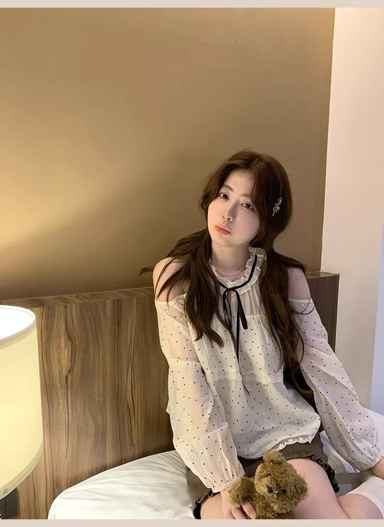 ptonumi 조기 지 봄 나이 오프숄더 도트 무늬 여성 셔츠 슈퍼 잘 생긴 슬림해 보이는 맨위 여름 품격 부드러운 인형 셔츠 상세 이미지 27