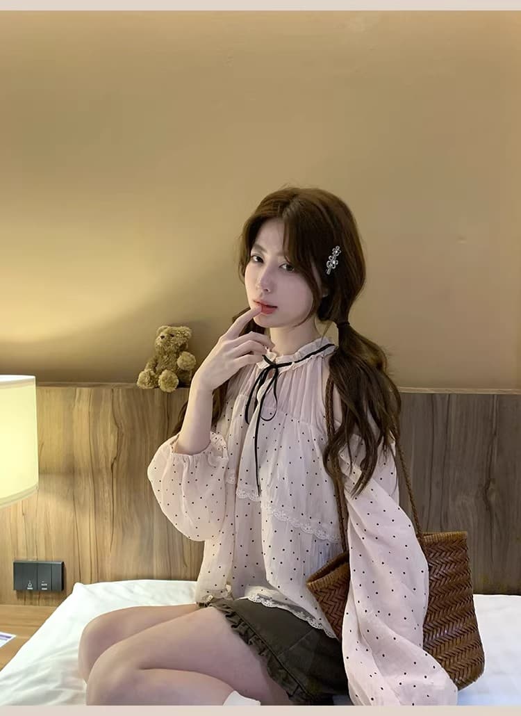 ptonumi 조기 지 봄 나이 오프숄더 도트 무늬 여성 셔츠 슈퍼 잘 생긴 슬림해 보이는 맨위 여름 품격 부드러운 인형 셔츠 상세 이미지 28