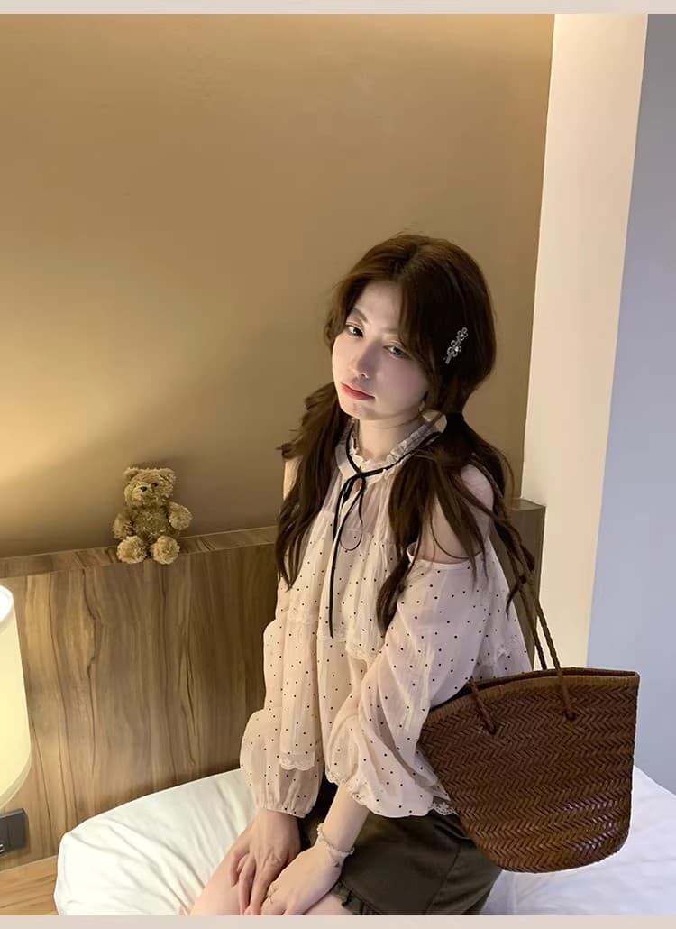 ptonumi 조기 지 봄 나이 오프숄더 도트 무늬 여성 셔츠 슈퍼 잘 생긴 슬림해 보이는 맨위 여름 품격 부드러운 인형 셔츠 상세 이미지 29