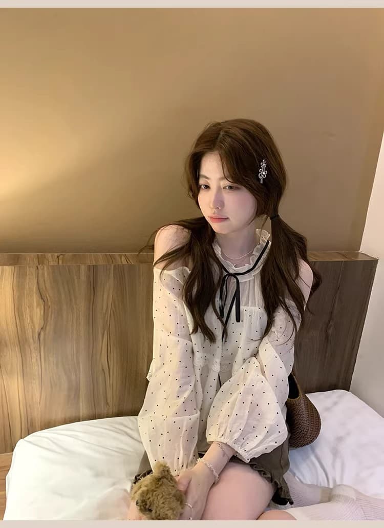 ptonumi 조기 지 봄 나이 오프숄더 도트 무늬 여성 셔츠 슈퍼 잘 생긴 슬림해 보이는 맨위 여름 품격 부드러운 인형 셔츠 상세 이미지 33