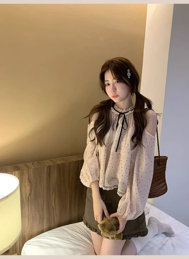 ptonumi 조기 지 봄 나이 오프숄더 도트 무늬 여성 셔츠 슈퍼 잘 생긴 슬림해 보이는 맨위 여름 품격 부드러운 인형 셔츠 상세 이미지 34