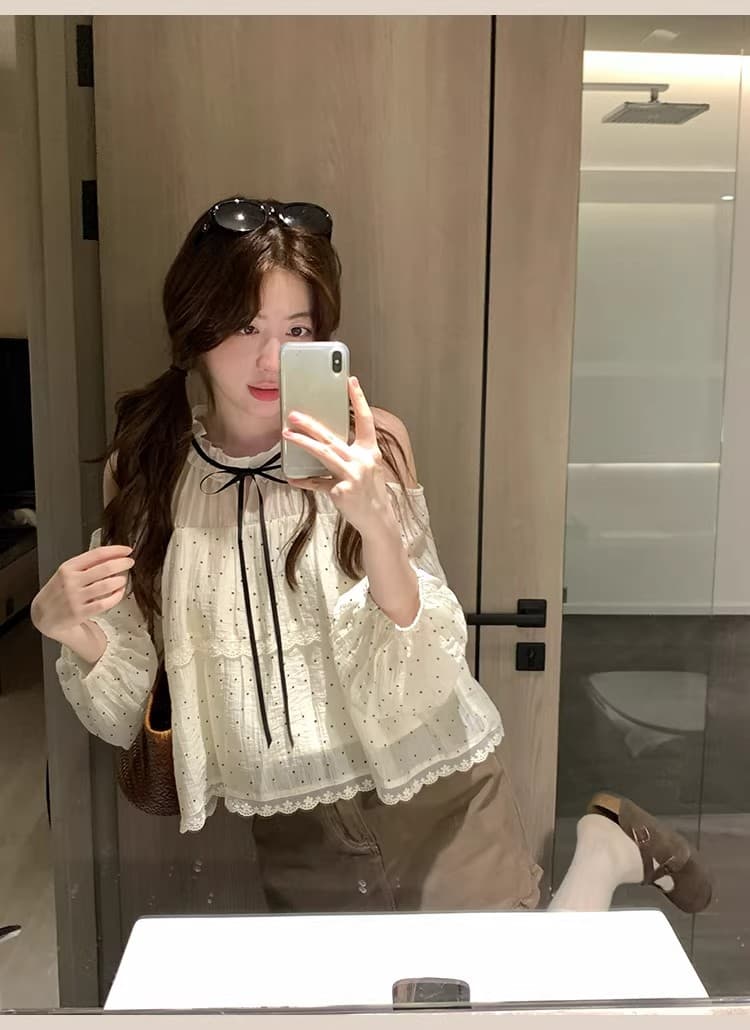ptonumi 조기 지 봄 나이 오프숄더 도트 무늬 여성 셔츠 슈퍼 잘 생긴 슬림해 보이는 맨위 여름 품격 부드러운 인형 셔츠 상세 이미지 37