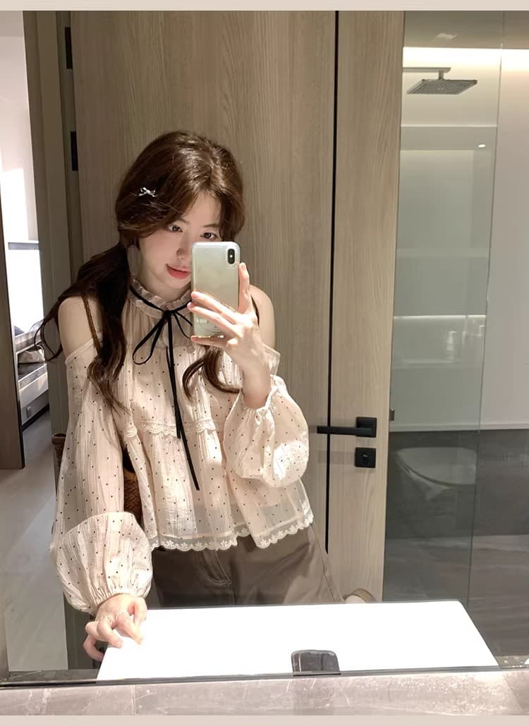 ptonumi 조기 지 봄 나이 오프숄더 도트 무늬 여성 셔츠 슈퍼 잘 생긴 슬림해 보이는 맨위 여름 품격 부드러운 인형 셔츠 상세 이미지 41