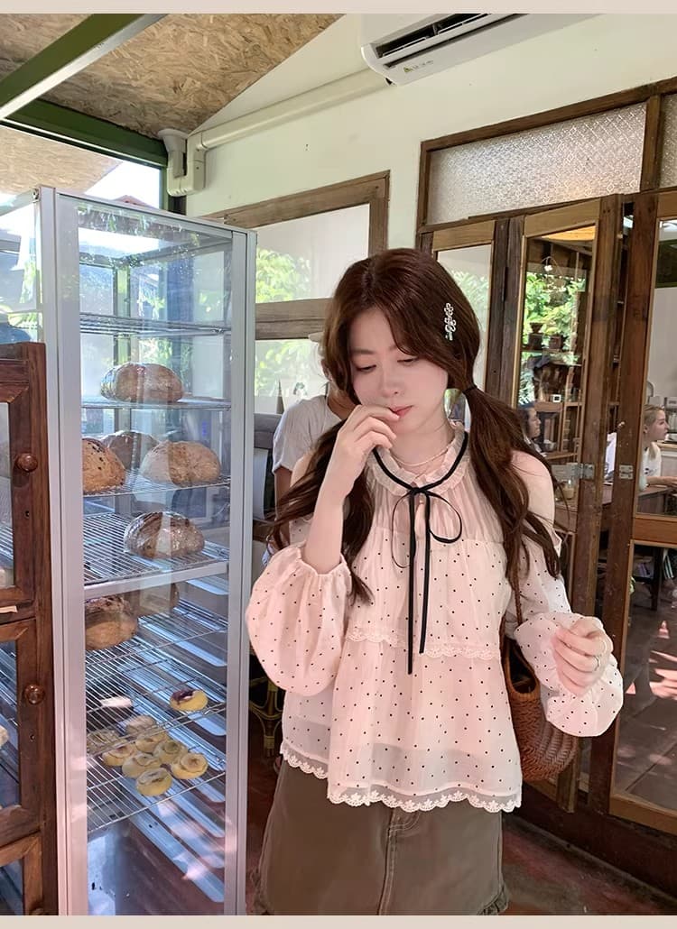 ptonumi 조기 지 봄 나이 오프숄더 도트 무늬 여성 셔츠 슈퍼 잘 생긴 슬림해 보이는 맨위 여름 품격 부드러운 인형 셔츠 상세 이미지 47