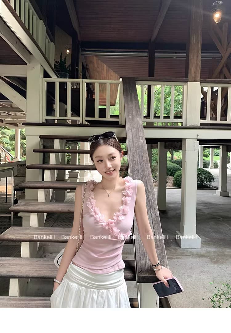 밤나무 코코아 bankelili 달콤한 매운맛 캘리포니아 주 디자인 센스 꽃 십자가 V넥 허리 수신 Pleat 캐미솔 상세 이미지 20