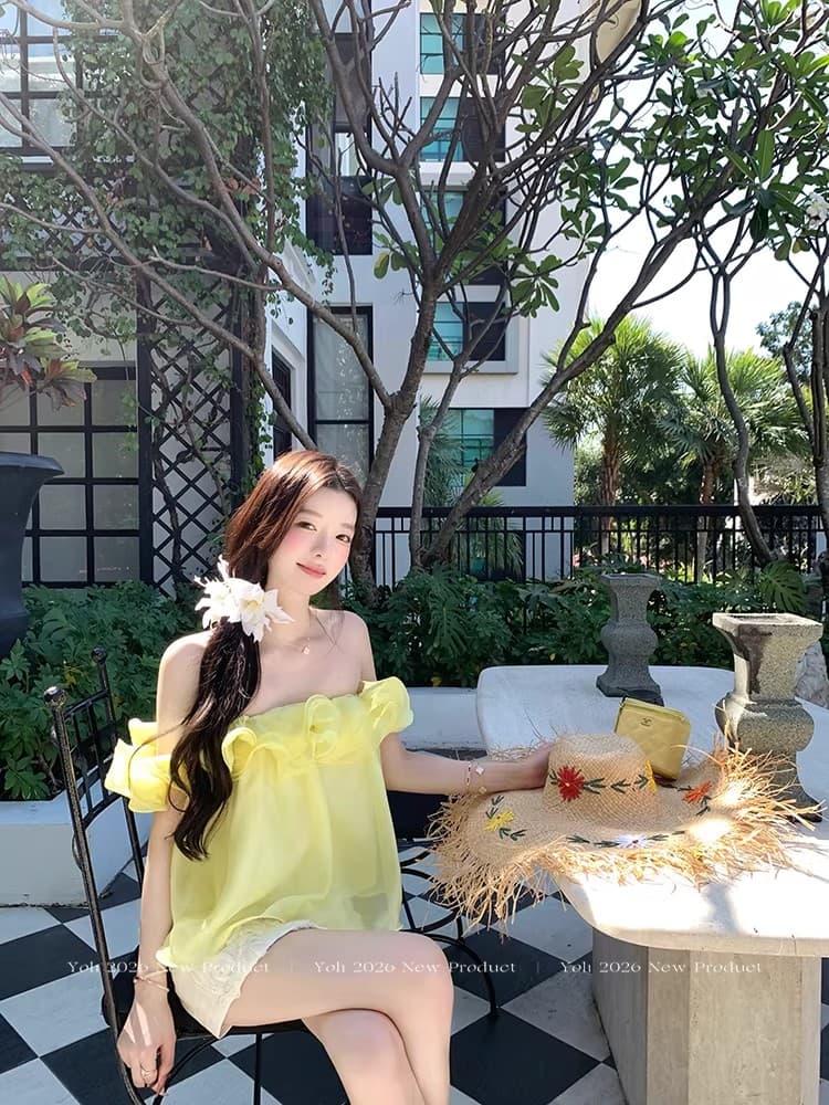yoli 장 宥 이익 여름 편지 황색 프릴 시폰 셔츠 여성 봄 미니멀리즘 루즈핏 슬림해 보이는 오프숄더 맨위 상세 이미지 3