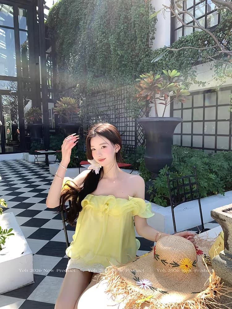 yoli 장 宥 이익 여름 편지 황색 프릴 시폰 셔츠 여성 봄 미니멀리즘 루즈핏 슬림해 보이는 오프숄더 맨위 상세 이미지 6