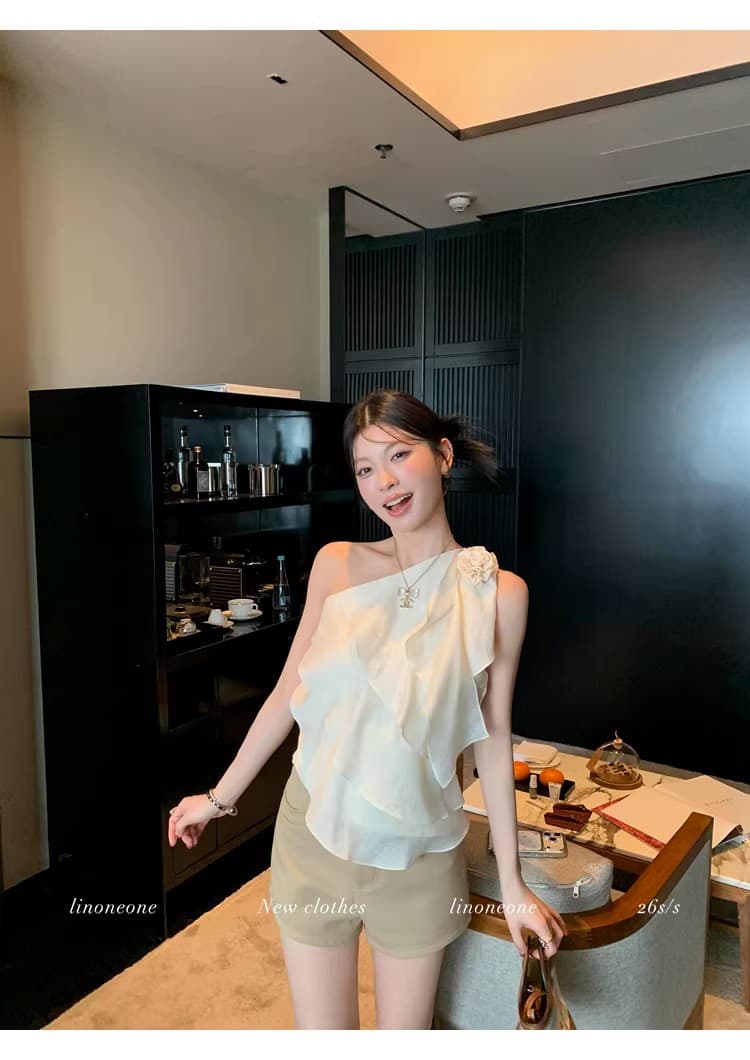linoneonesoft 부드러운 빛 주간 실크 아세트산 아마 다중 레이어 프릴 단역학의 어깨 꽃 맨위 작은 셔츠 상세 이미지 15