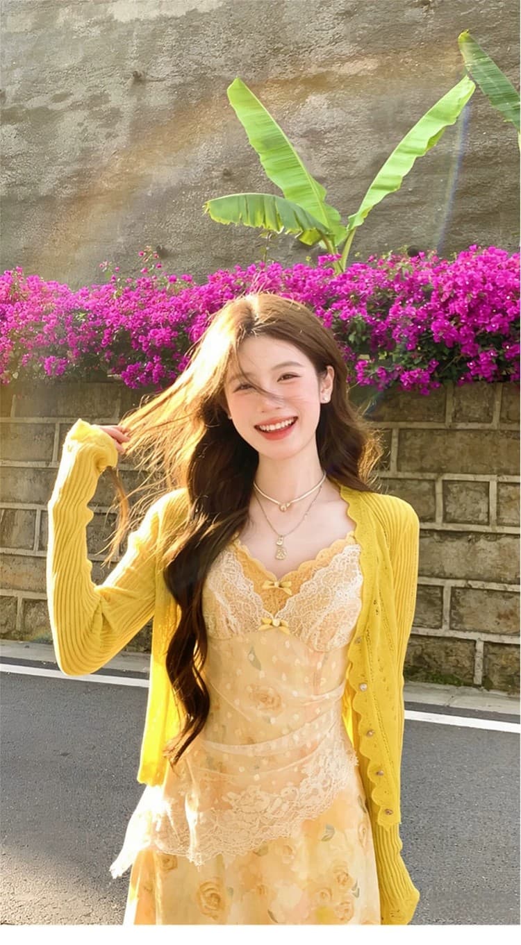 한 부서 분위기 센스 황색 레이스 슬립 꽃무늬 드레스 봄 여름 도파민 밝은 착용 가져 가라. 롱 스커트 세트 상세 이미지 5