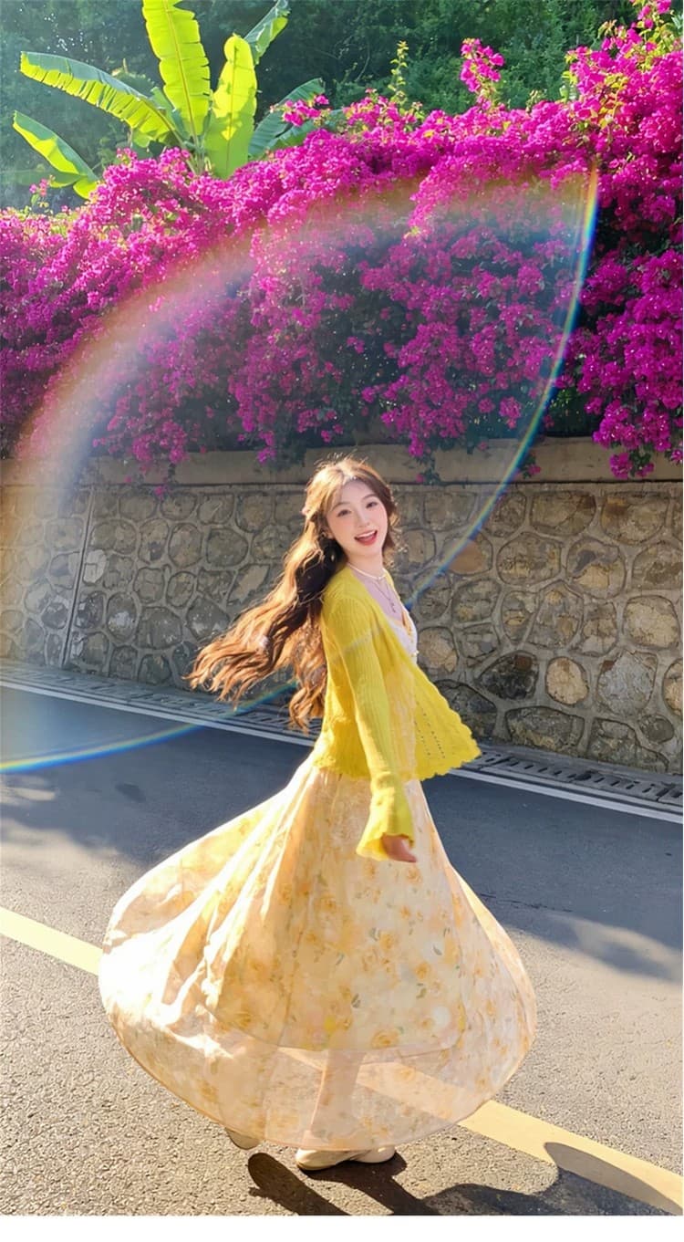 한 부서 분위기 센스 황색 레이스 슬립 꽃무늬 드레스 봄 여름 도파민 밝은 착용 가져 가라. 롱 스커트 세트 상세 이미지 7