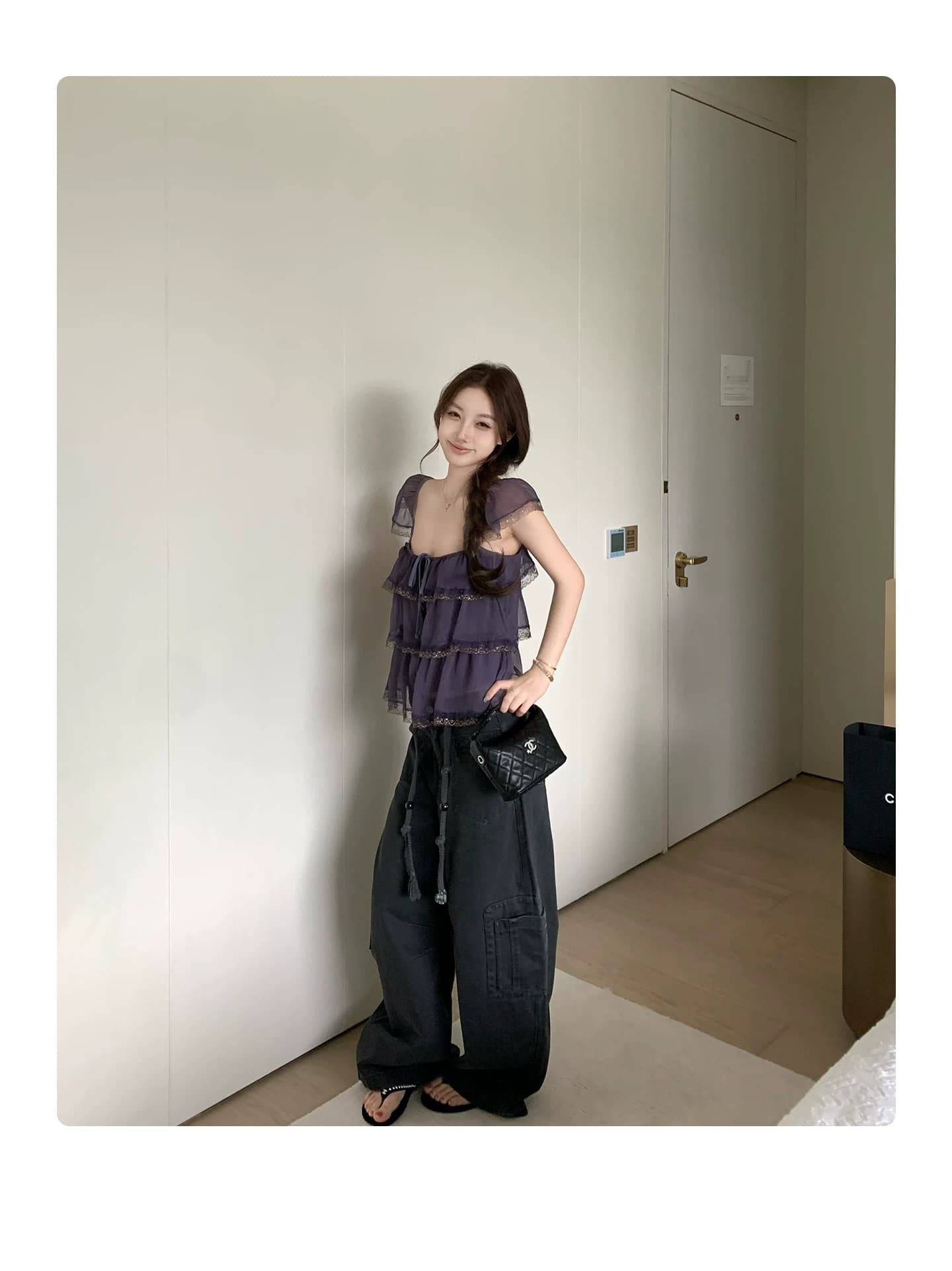 밤나무 코코아 bankelili 팬 바다 리건 프릴 레이스 계층의 감각 작은 날다 소매 광장 칼라 슬립 여성 상세 이미지 4