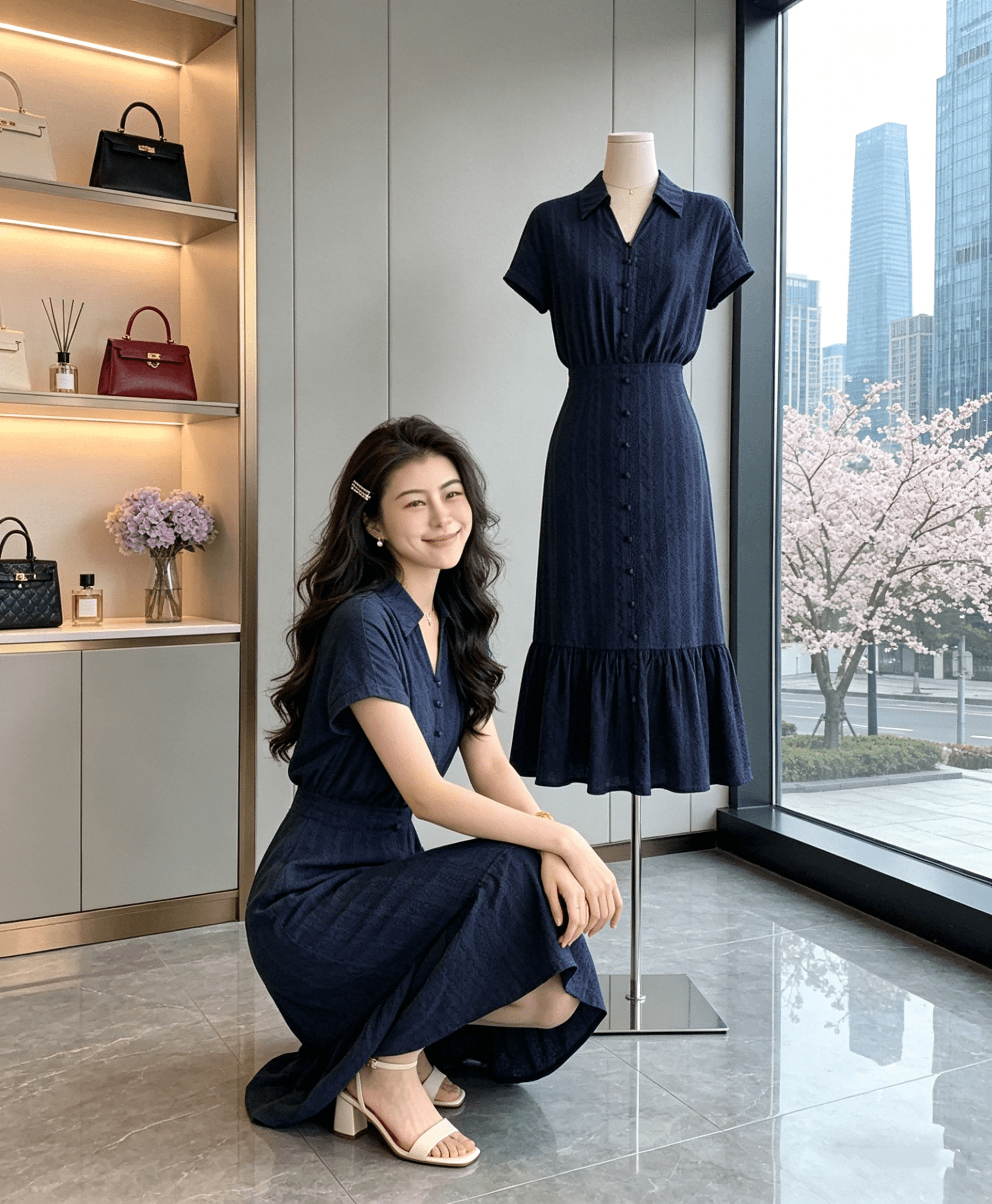 장 A 스타 블루스 참고 해군 miu 부서 3 차원 자카드 소녀 센스 연령 감소 프랑스식 드레스 이미지 2
