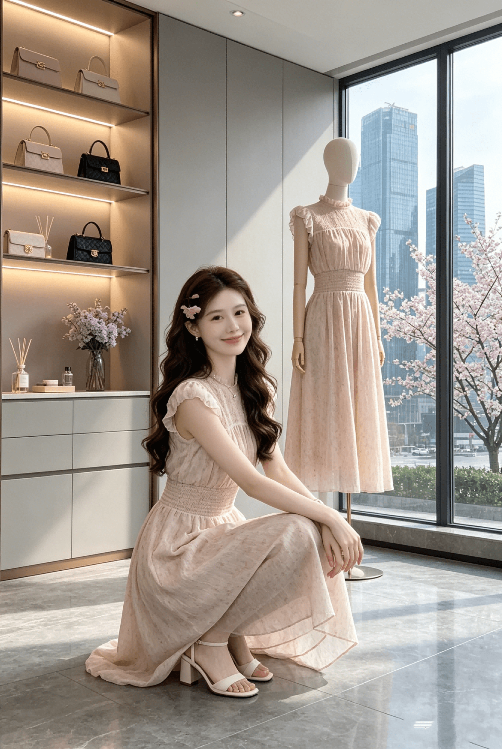 아름다움 조용한 여기에 자유 휴가 부드러운 꽃무늬 핑크색 드레스 명중 가져 가라. 디자인 센스 허리 수축 슬림해 보이는 롱 스커트 이미지 3