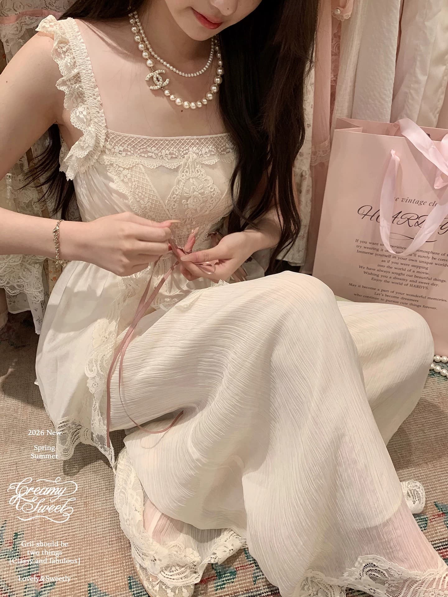 creamysweet 느긋한 펄럭 이는 바지 레이스 조각 홀로우 아웃 레이스 느슨함 도루 가을 센스 캐주얼 긴 바지 여성 상세 이미지 24