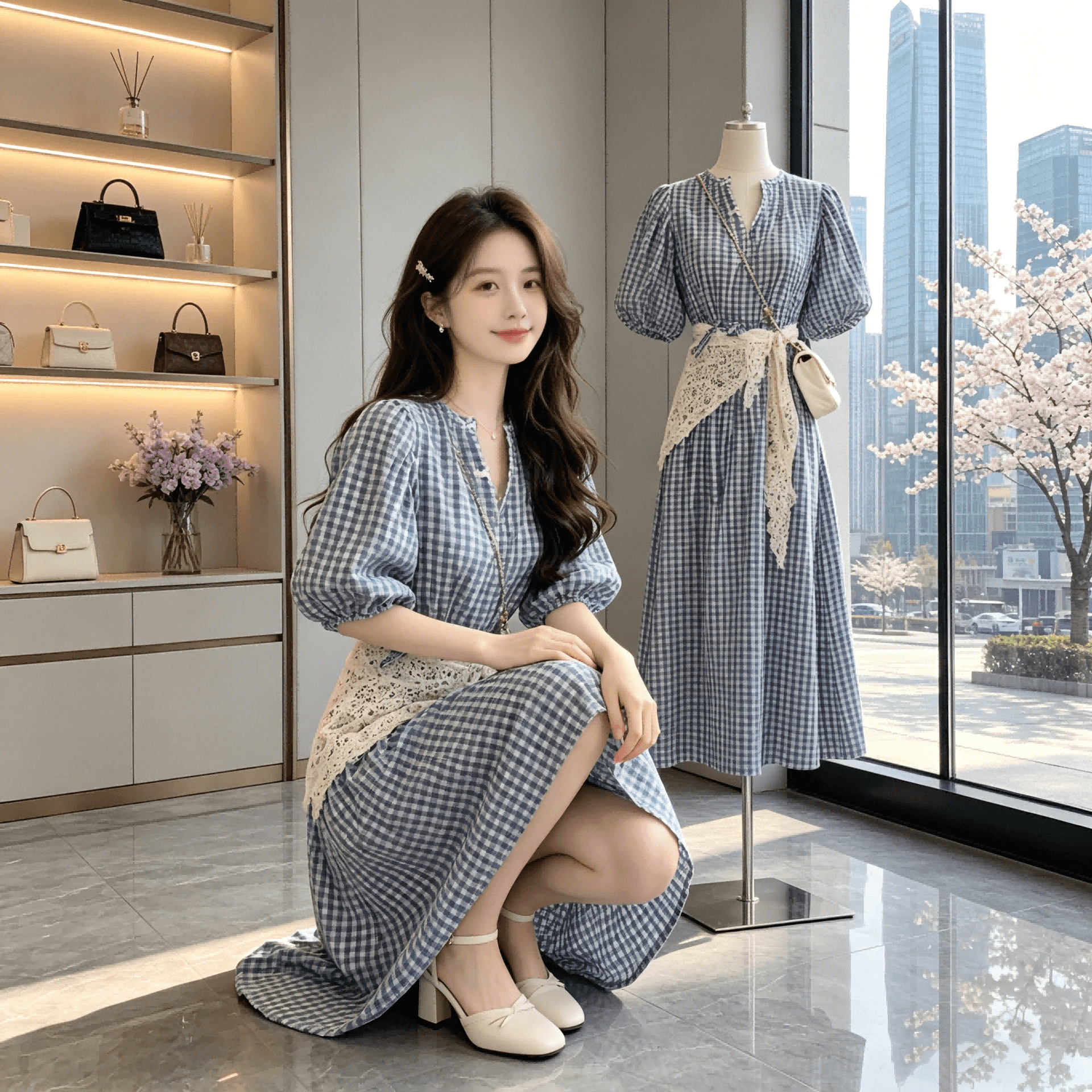 순수한 하얀 달빛 달콤한 스타일 파란색 체크무늬 여성 드레스 여름 일본식 미니멀리즘 학원 스타일 작은 키 요정 치마 이미지 2