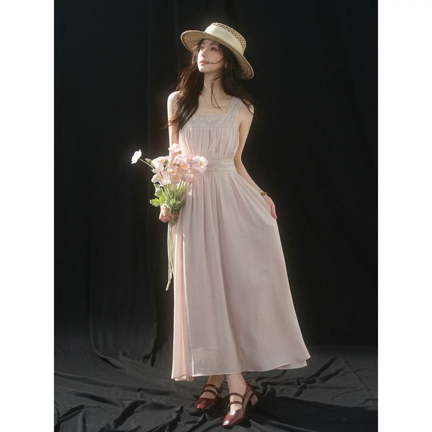 sleepybunny 핑크색 광장 칼라 레이스 슬립 여성 드레스 여름 프랑스식 작은 키 허리 수축 한 마디 롱 스커트 이미지 5