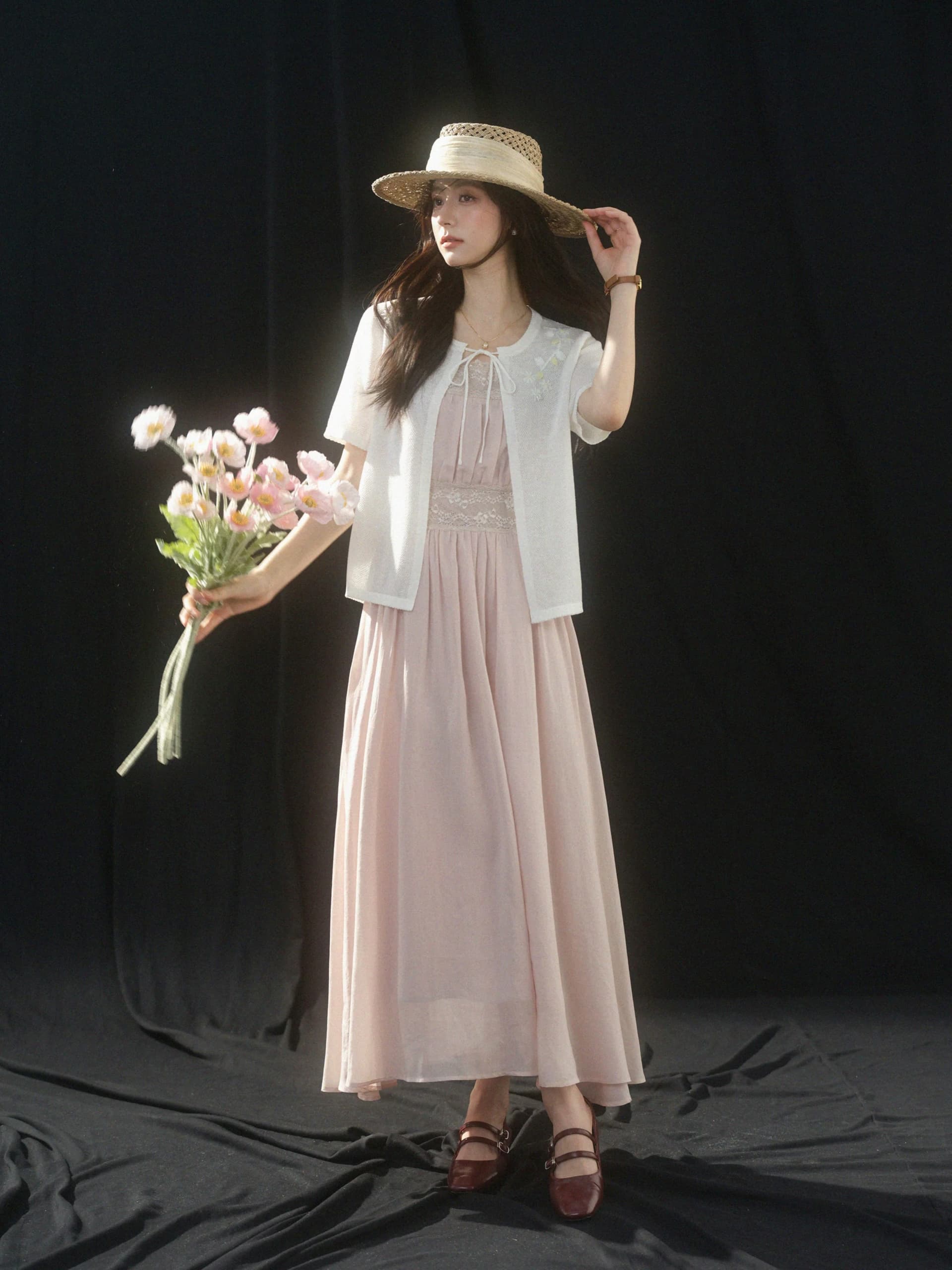 sleepybunny 핑크색 광장 칼라 레이스 슬립 여성 드레스 여름 프랑스식 작은 키 허리 수축 한 마디 롱 스커트 상세 이미지 30