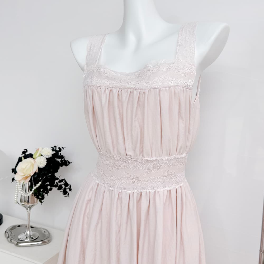 sleepybunny 핑크색 광장 칼라 레이스 슬립 여성 드레스 여름 프랑스식 작은 키 허리 수축 한 마디 롱 스커트 상세 이미지 9
