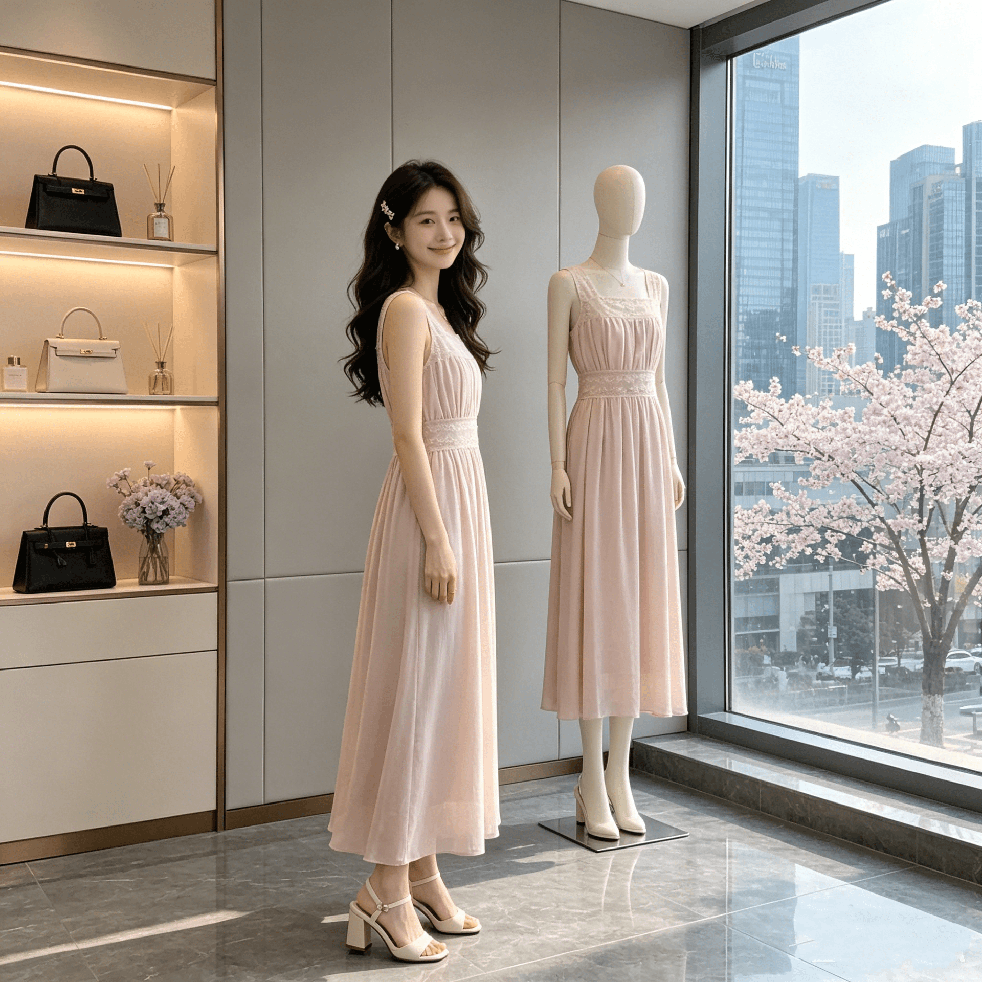 sleepybunny 핑크색 광장 칼라 레이스 슬립 여성 드레스 여름 프랑스식 작은 키 허리 수축 한 마디 롱 스커트 상세 이미지 7