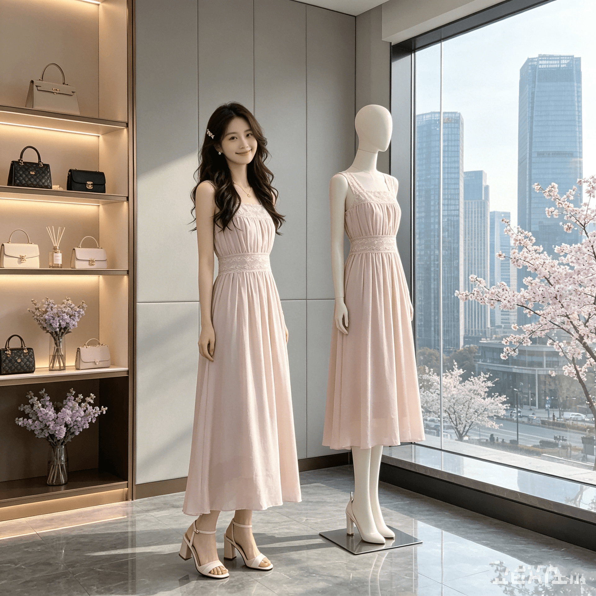 sleepybunny 핑크색 광장 칼라 레이스 슬립 여성 드레스 여름 프랑스식 작은 키 허리 수축 한 마디 롱 스커트 상세 이미지 12