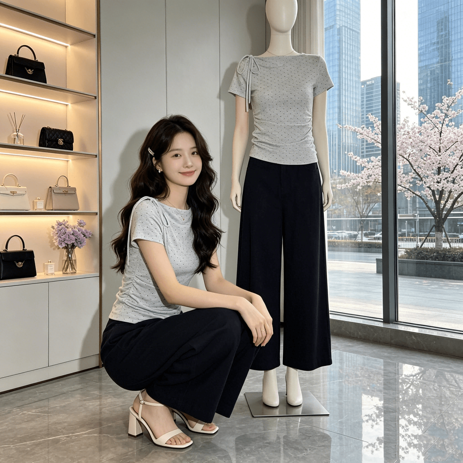 시끄러운 홈 디자인 센스 꽃 회색 도트 무늬 레이스업 티셔츠 여성 2026 여름 라운드 넥 몸매 가꾸기 긍정적 인 어깨 반팔 맨위 상세 이미지 2