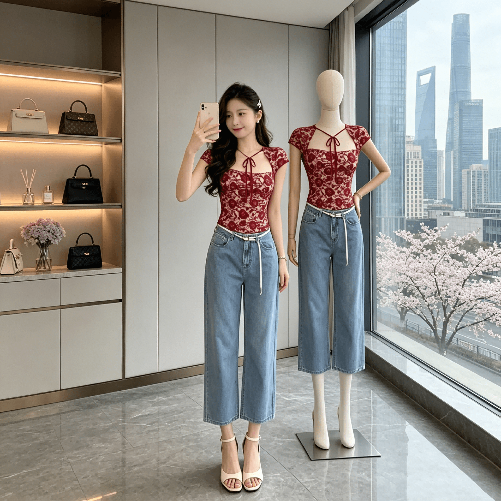linoneone 무료 밝은 프랑스식 광장 칼라 3 차원 레이스 꽃 망사 몸매 가꾸기 높은 탄력성 레이스업 티셔츠