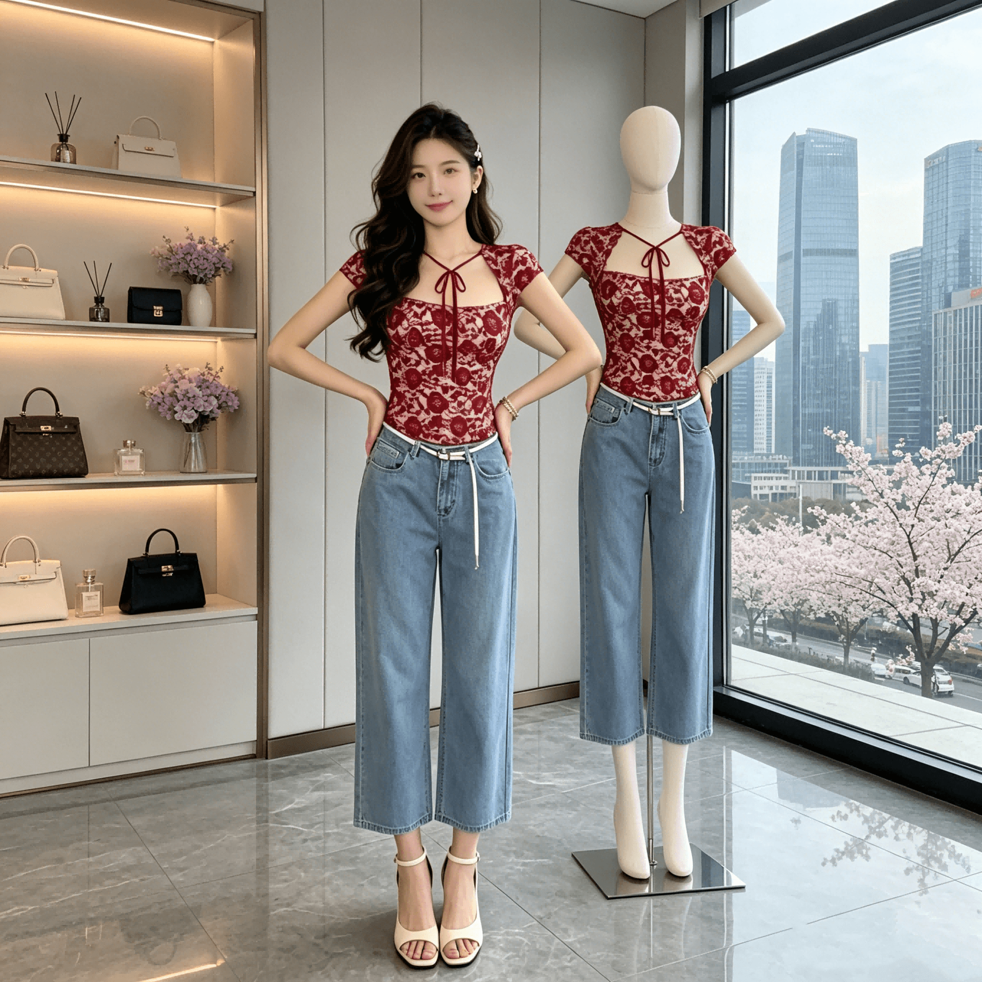 linoneone 무료 밝은 프랑스식 광장 칼라 3 차원 레이스 꽃 망사 몸매 가꾸기 높은 탄력성 레이스업 티셔츠 상세 이미지 5