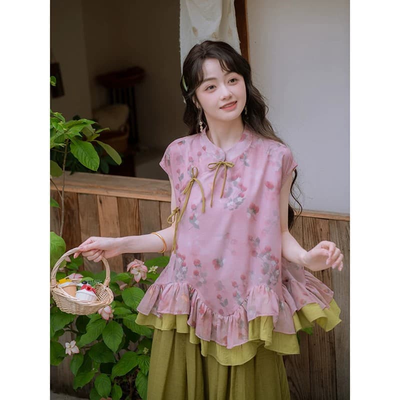 남쪽 바람 골짜기 와일드 라스베리 마음 국풍 딸기 프린트 맨위 여성 여름 이중층 프릴 큰 진자 루즈핏 작은 셔츠 이미지 5