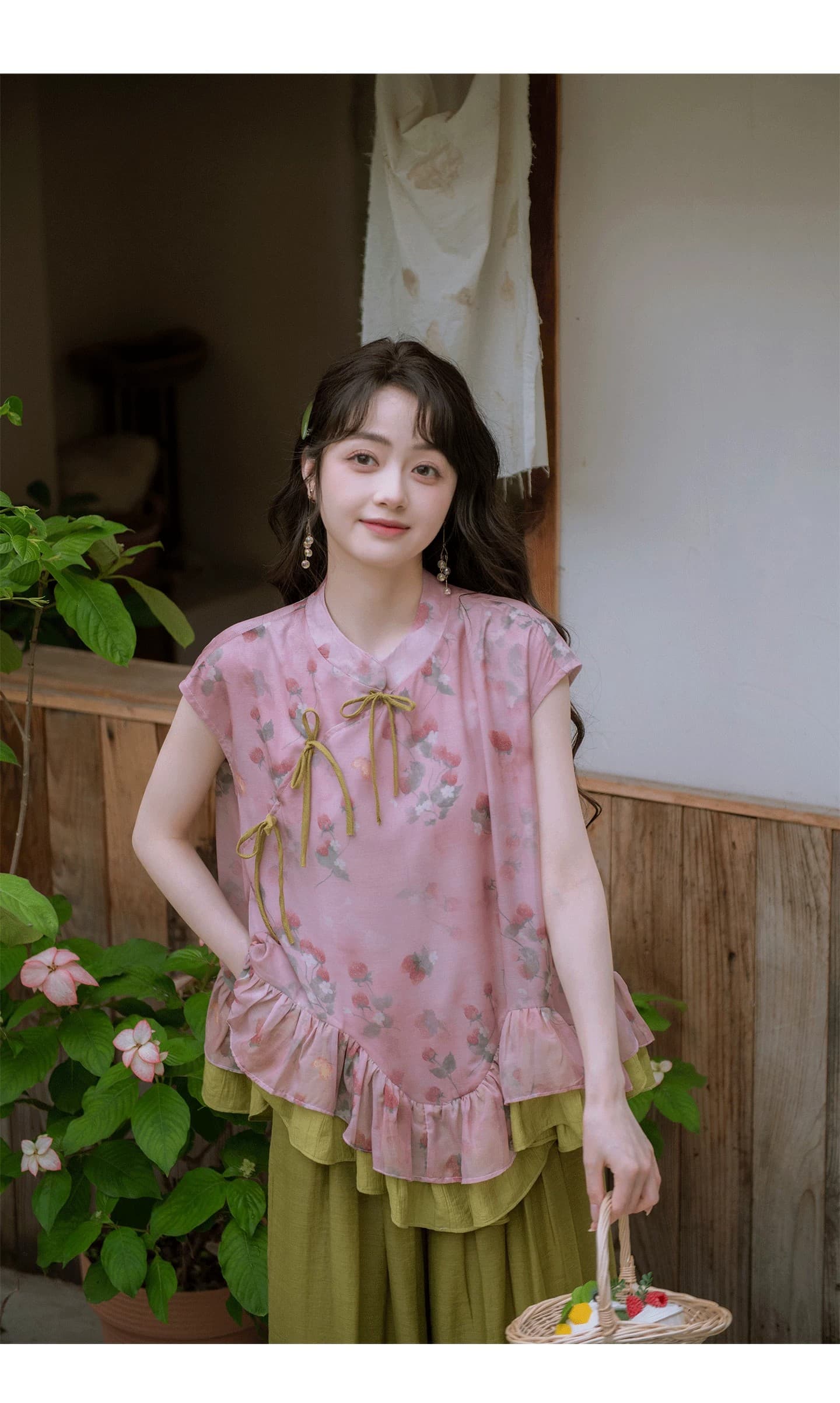 남쪽 바람 골짜기 와일드 라스베리 마음 국풍 딸기 프린트 맨위 여성 여름 이중층 프릴 큰 진자 루즈핏 작은 셔츠 상세 이미지 3