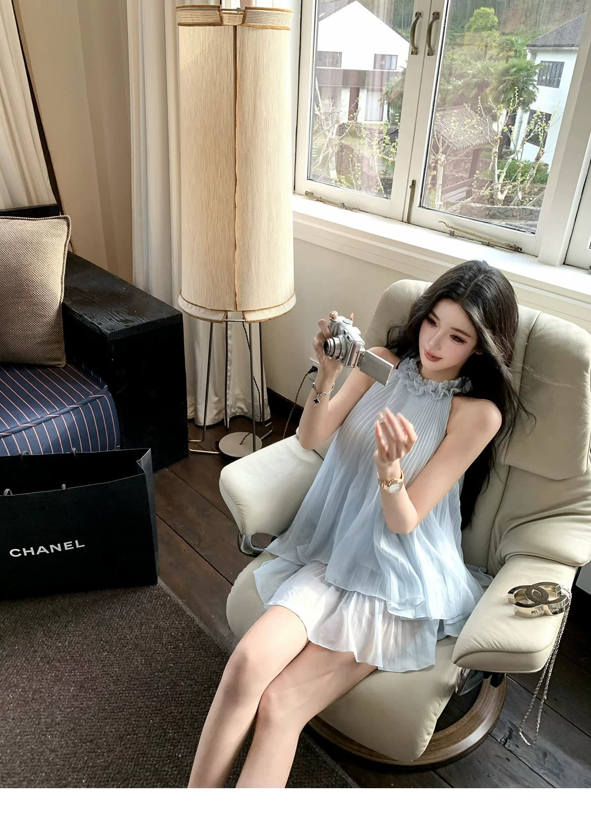 barb chill 바다 소금 Breeze 쉬폰 행침 목 맨위 민소매 플리츠 여성 셔츠 여름 여행 착용 가져 가라. 상세 이미지 4