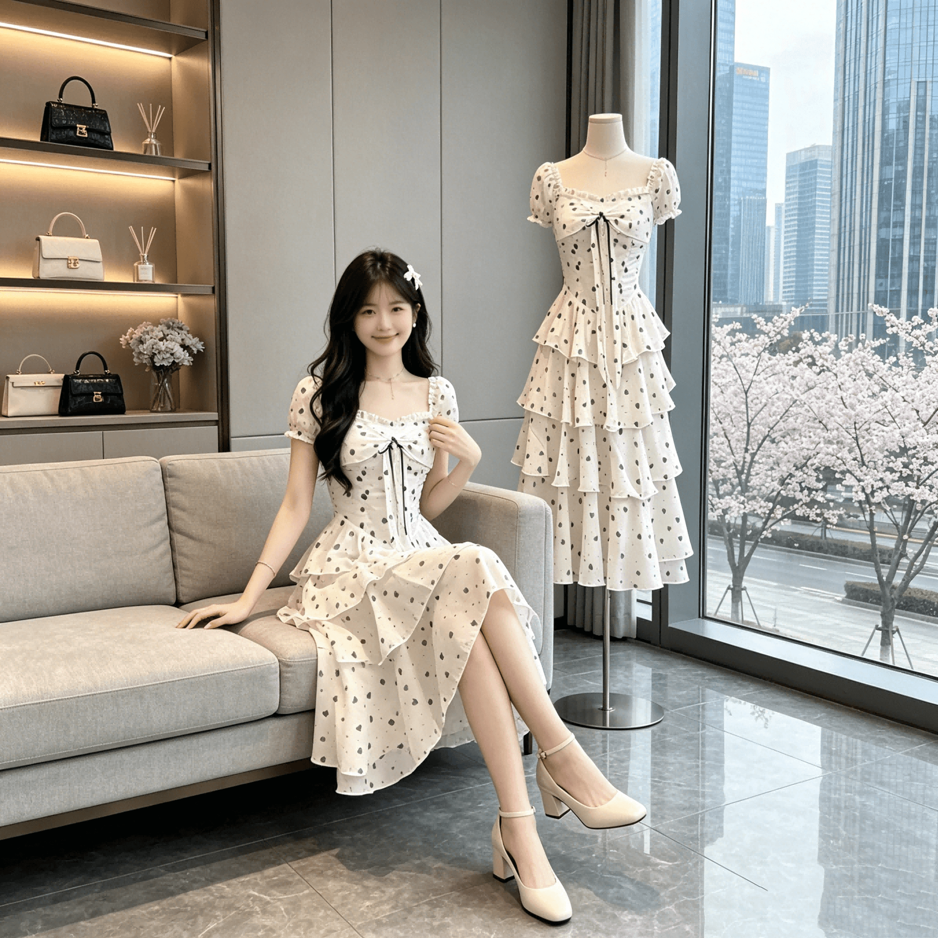 캄파넬라 세과 house 구름 멜라루카 프랑스식 광장 칼라 하트 도트 무늬 여성 드레스 여름 허리 수축 슬림해 보이는 케이크 롱 스커트 이미지 4