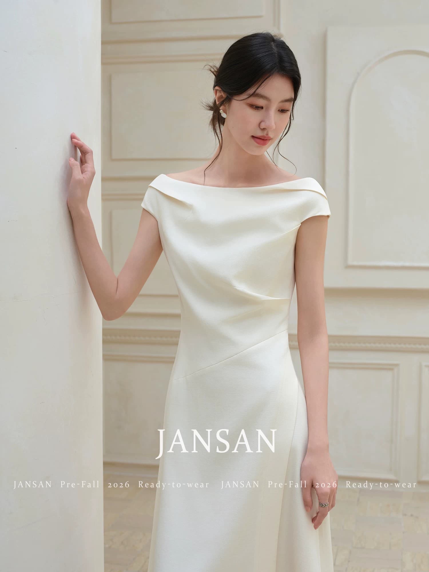 보기 셔츠 jansan 구리 암모니아 주간 실크 아마 보트넥 패키지 어깨 3 차원 Pleat 몸매 가꾸기 우아함 드레스 상세 이미지 2