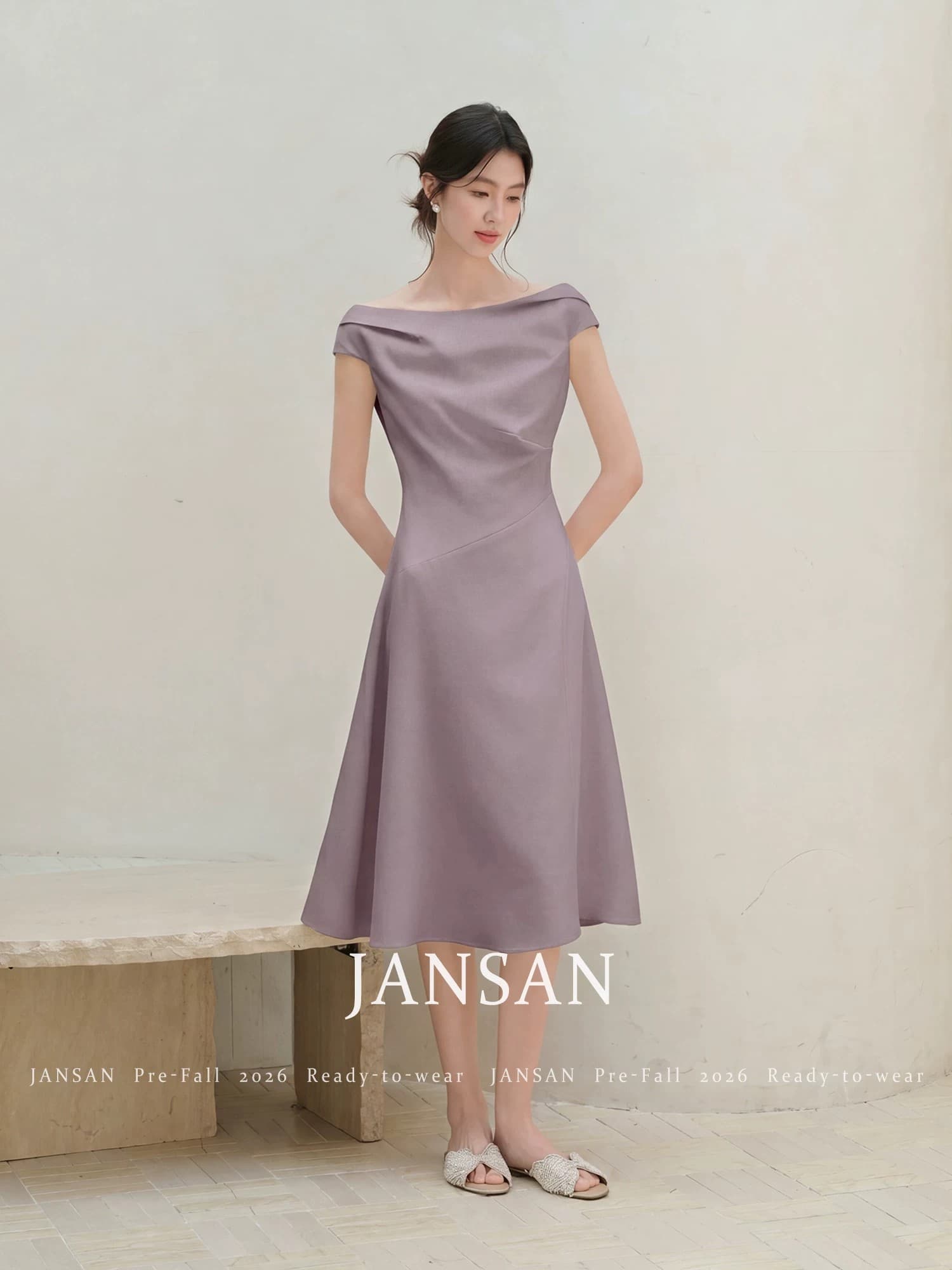 보기 셔츠 jansan 구리 암모니아 주간 실크 아마 보트넥 패키지 어깨 3 차원 Pleat 몸매 가꾸기 우아함 드레스 상세 이미지 3