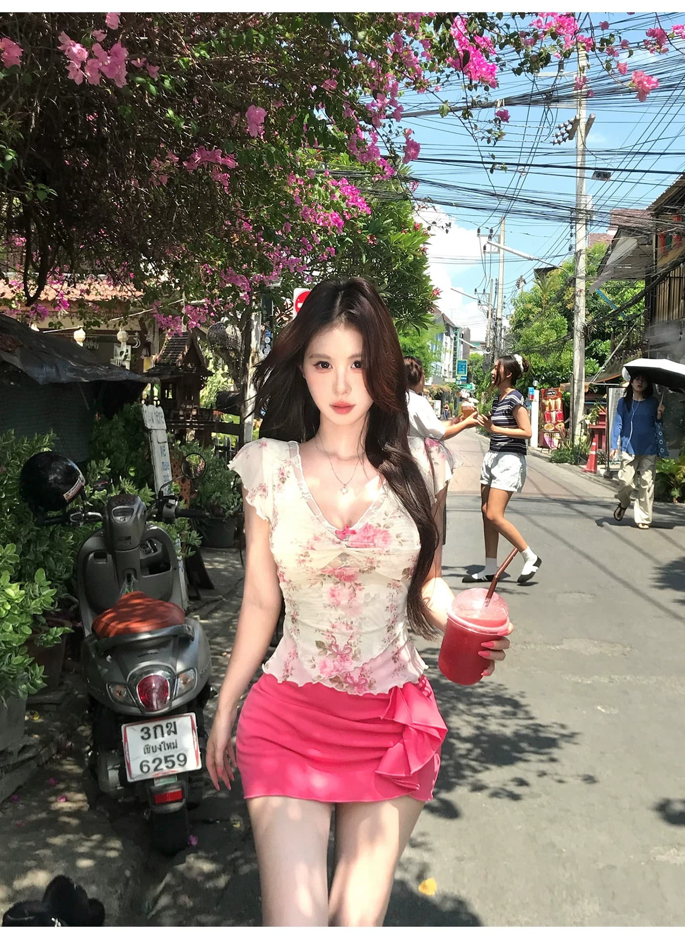 mejiu 꿀 나인 얕은 쇼어 책 제인 달콤한 매운맛 섹시함 꽃무늬 레이스 V넥 맨위 여성 여름 달콤함 순수한 욕망 반팔 상세 이미지 10