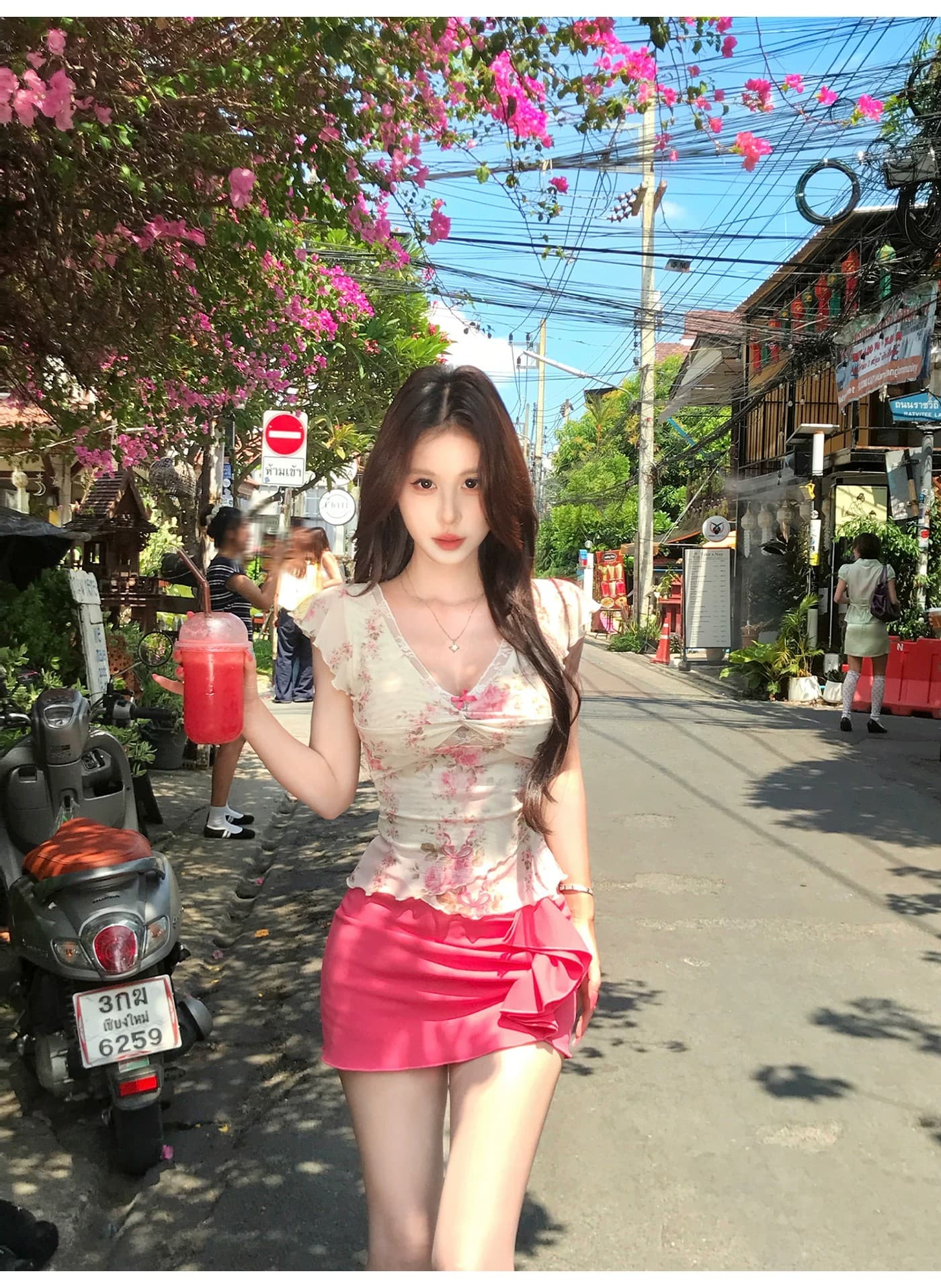 mejiu 꿀 나인 얕은 쇼어 책 제인 달콤한 매운맛 섹시함 꽃무늬 레이스 V넥 맨위 여성 여름 달콤함 순수한 욕망 반팔 상세 이미지 11