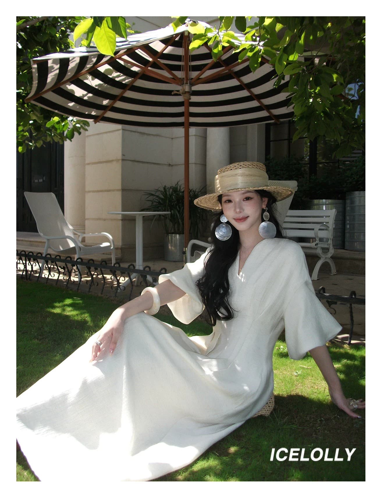 icelolly 아름다운 아니요 명중 섹션 아마 V넥 작은 키 허리 수축 여성 드레스 여름 프랑스식 꼬집기 허리 길다 치마 상세 이미지 11