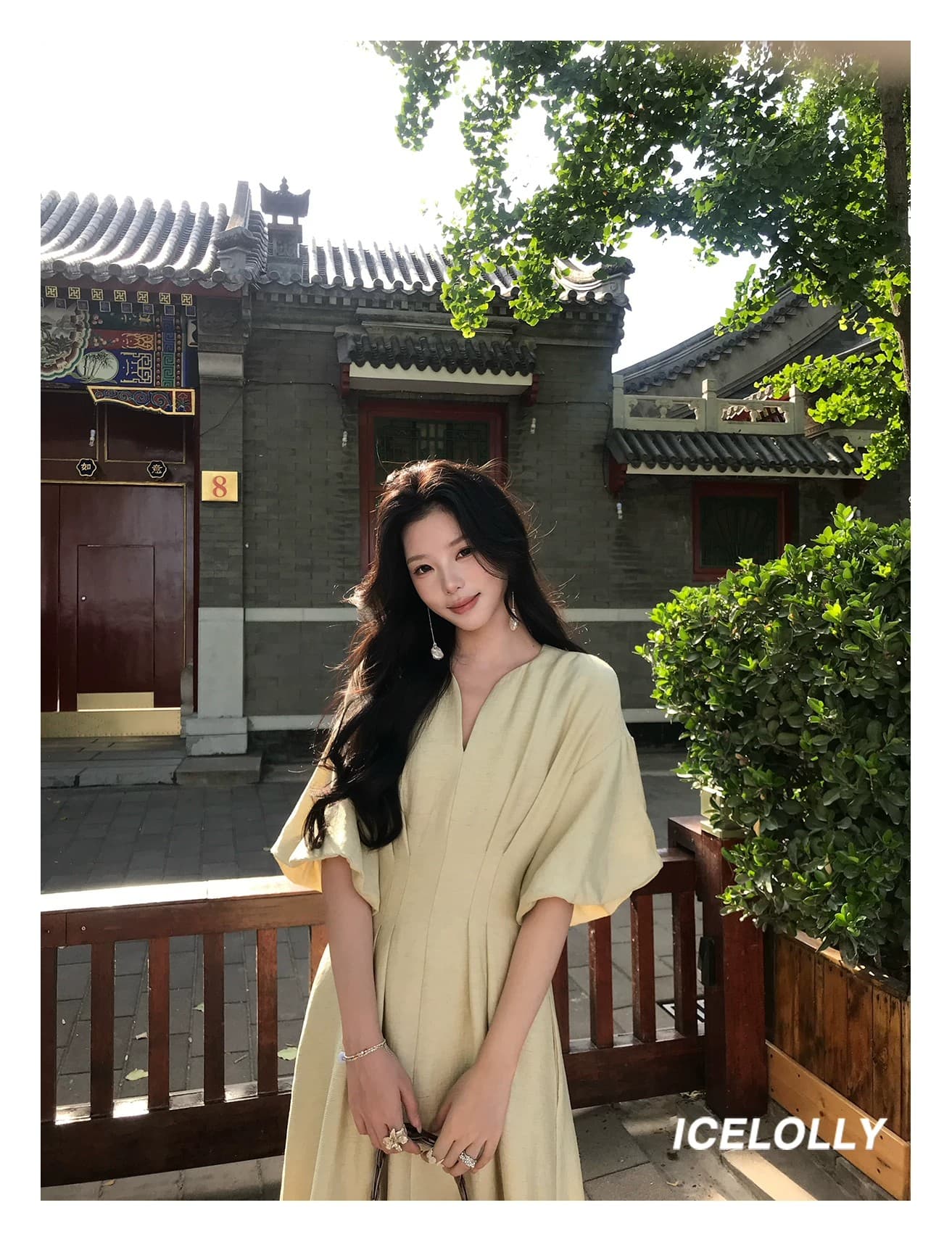icelolly 아름다운 아니요 명중 섹션 아마 V넥 작은 키 허리 수축 여성 드레스 여름 프랑스식 꼬집기 허리 길다 치마 상세 이미지 16