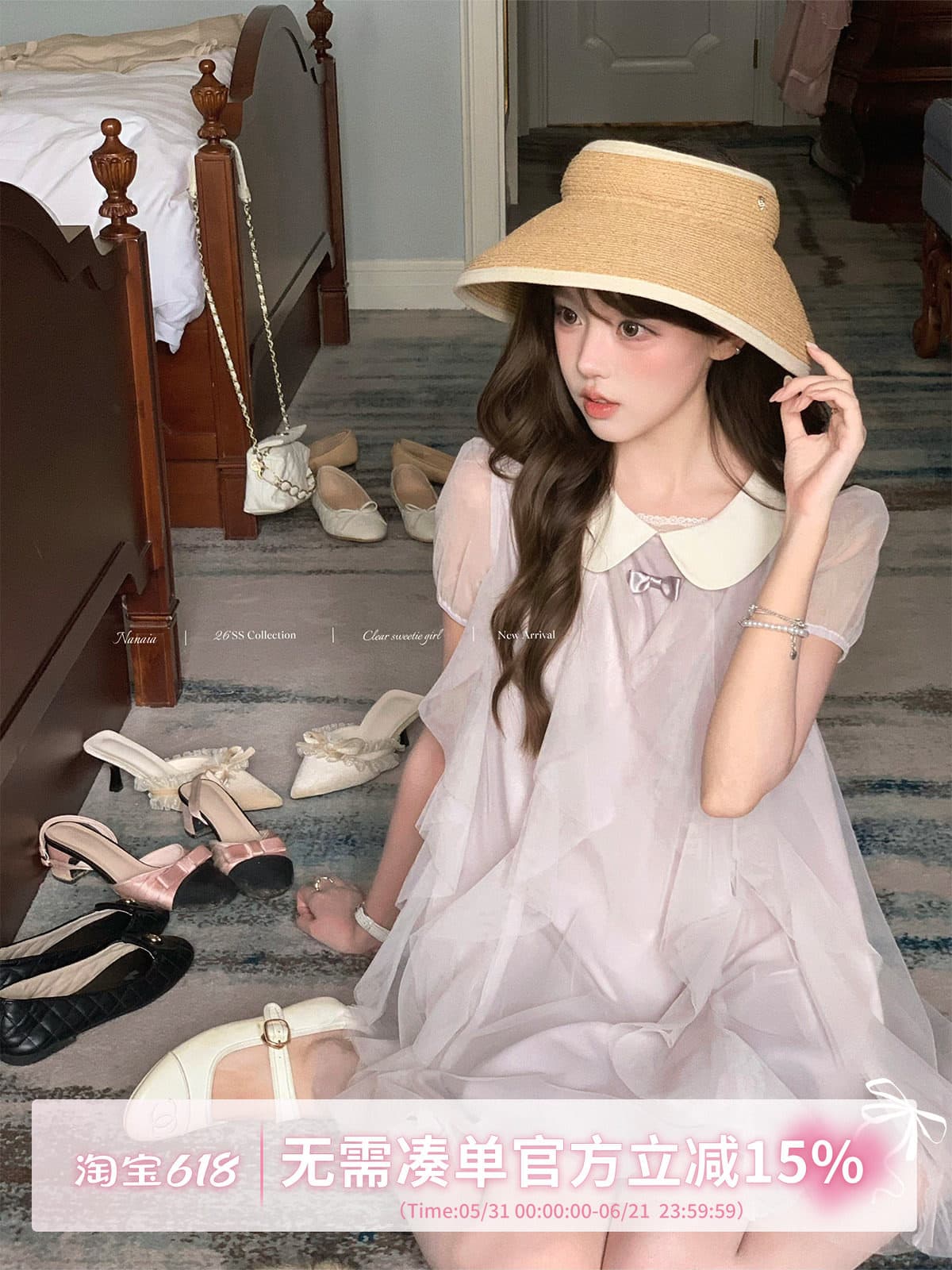 달콤한 수선화 포도 작은 천사 달콤한 스타일 베이비 칼라 여성 드레스 여름 연령 감소 반팔 허리 수축 슬림해 보이는 치마 이미지 3