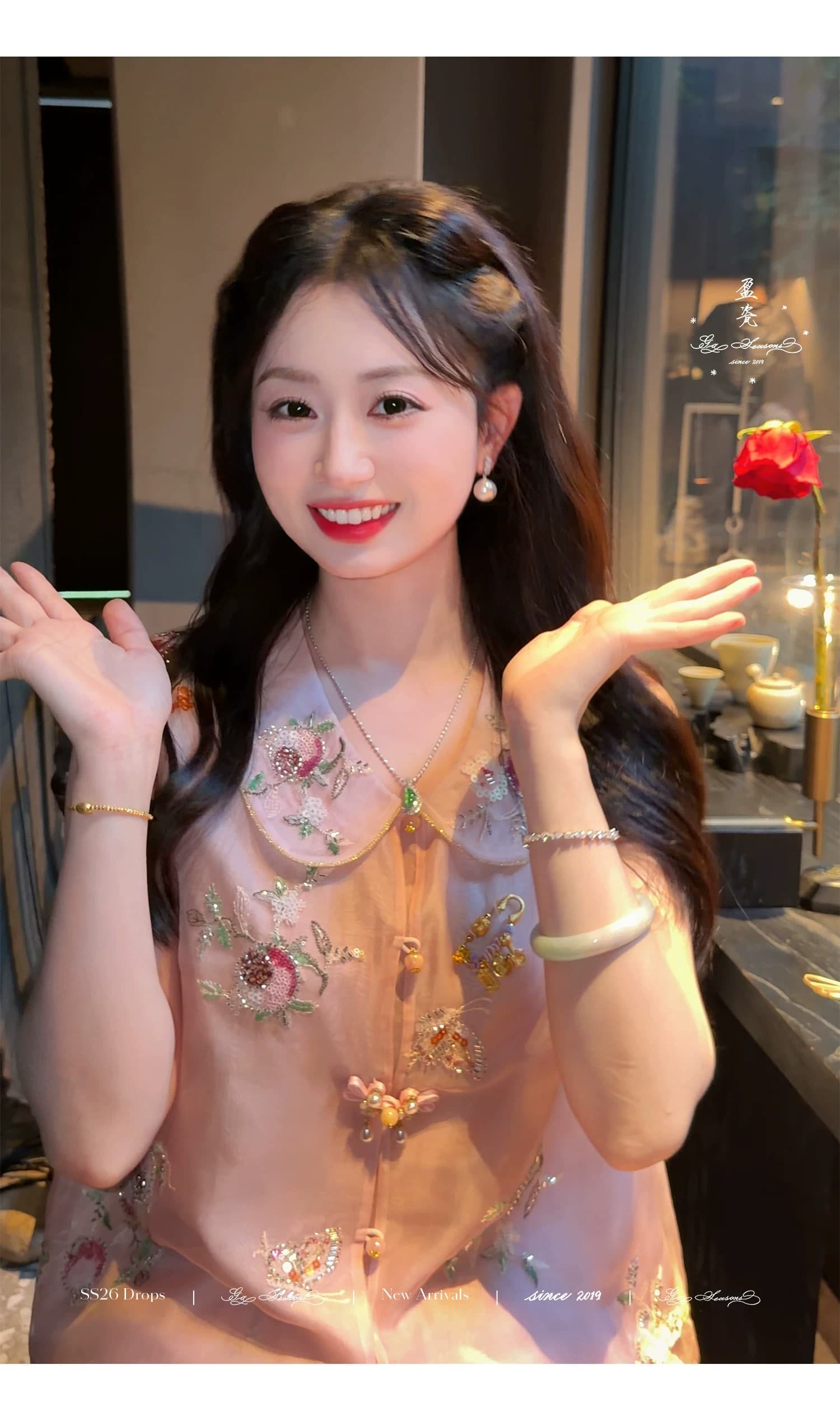 잉여금 도자기 실크 석류 이슬 뽕나무 누에 실크 베스트 티셔츠 작은 키 반바지 여성 여름 새로운 중식 국풍 세트 상세 이미지 9