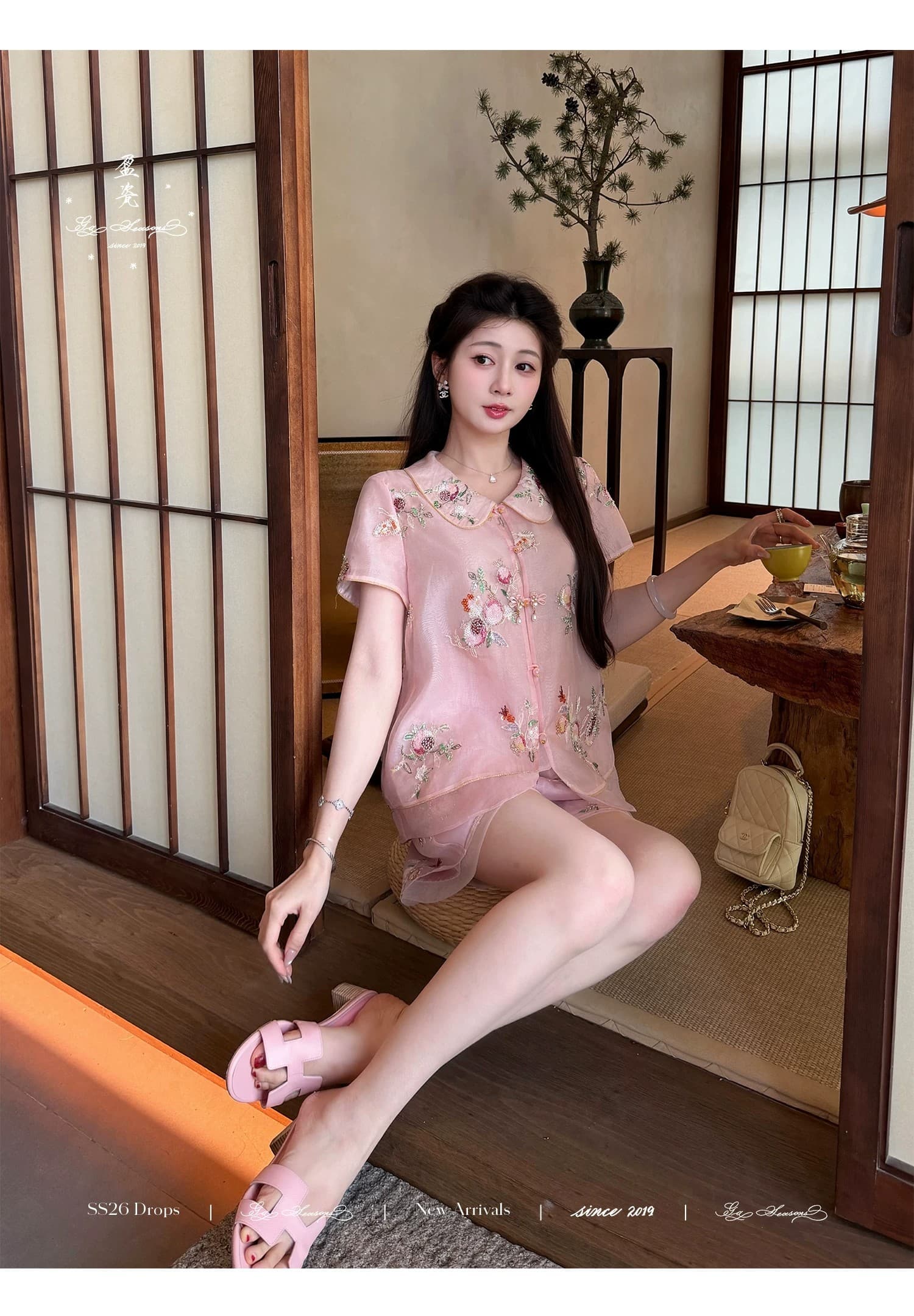 잉여금 도자기 실크 석류 이슬 뽕나무 누에 실크 베스트 티셔츠 작은 키 반바지 여성 여름 새로운 중식 국풍 세트 상세 이미지 34