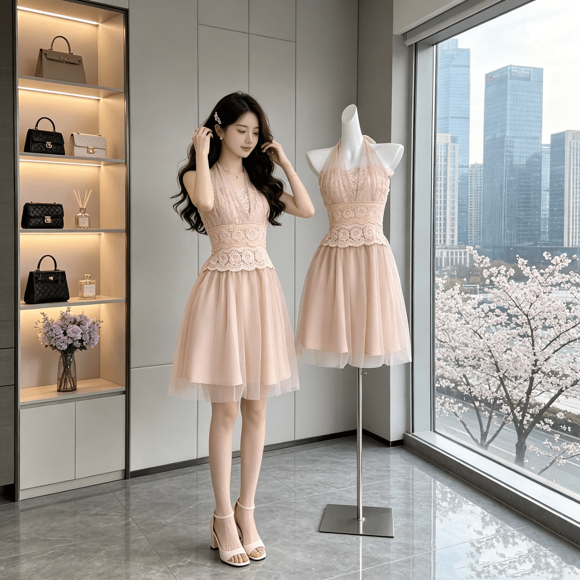 solo 폭발 폭발 구름 바람 청 순수한 욕망 망사 철자 레이스 여성 드레스 다양한 착용 법 허리 수축 퍼프 스커트 여름 상세 이미지 6
