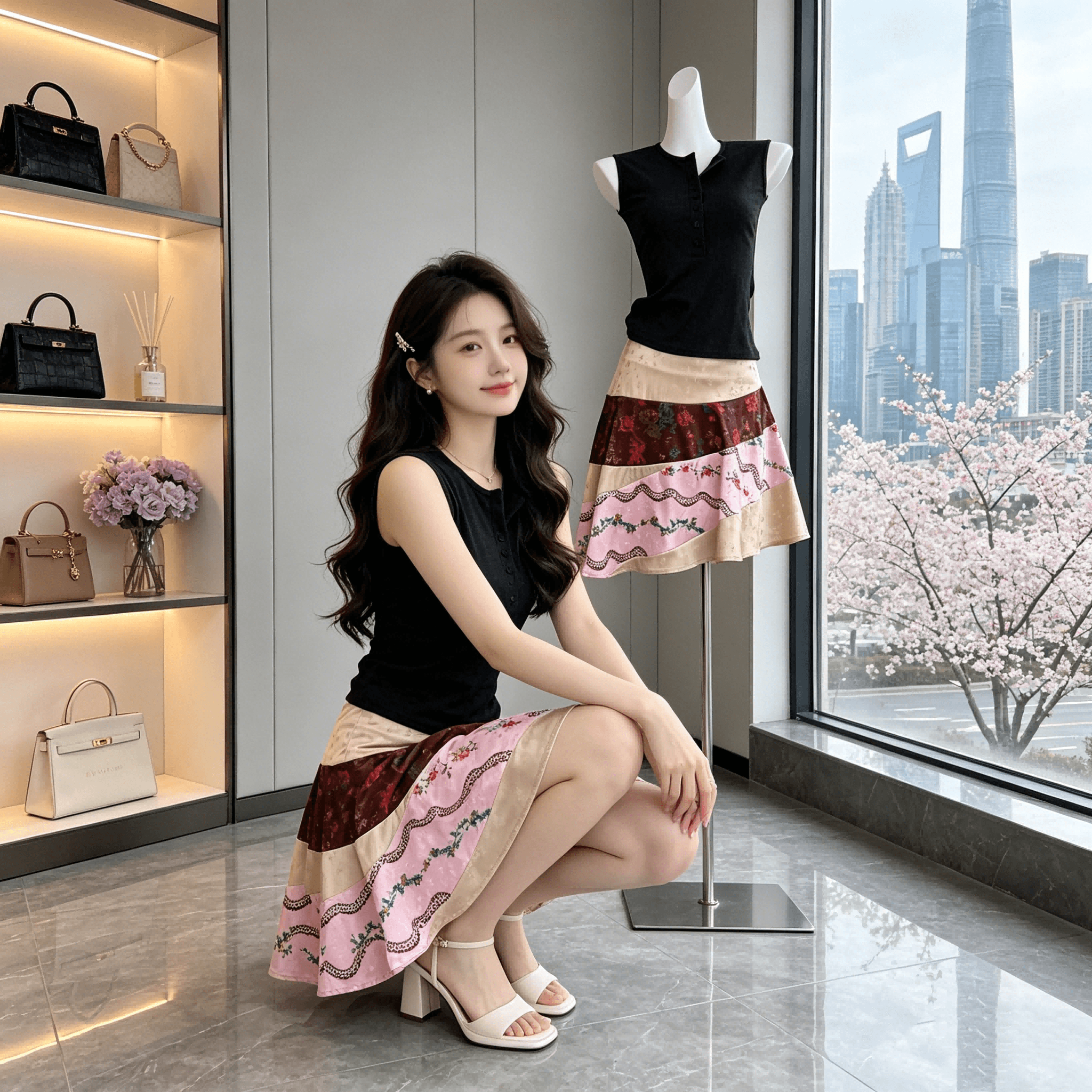 realzz official 하나 닝 챕터 챕터 mel 세련된 휴가 자카드 새틴 불규칙 패치워크 반 스커트 상세 이미지 8