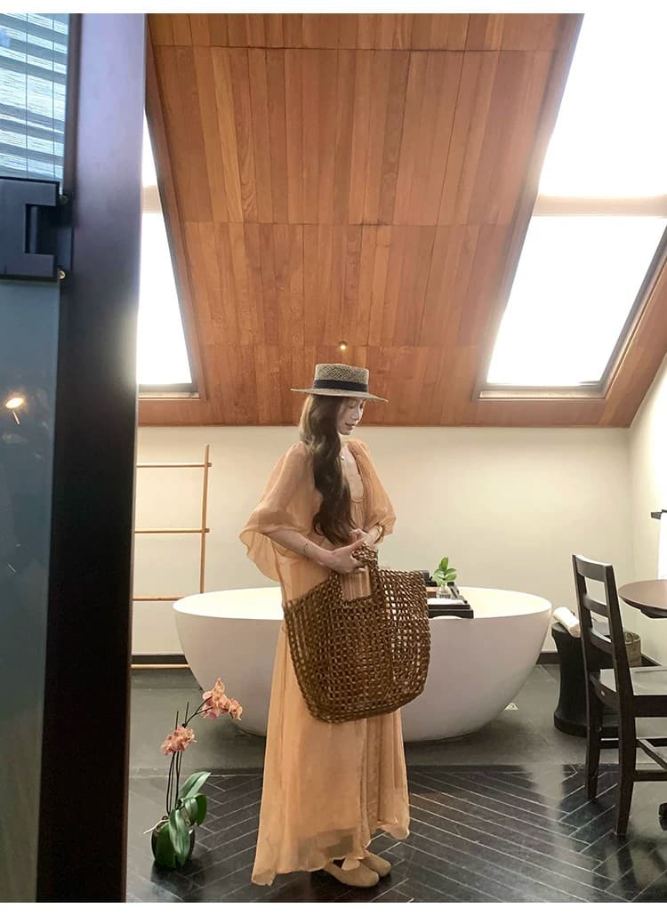 xxiiuu 호박색 깃발 감기 센스 광장 칼라 거품 소매 구슬 빛 여성 드레스 여름 품격 치마 상세 이미지 8