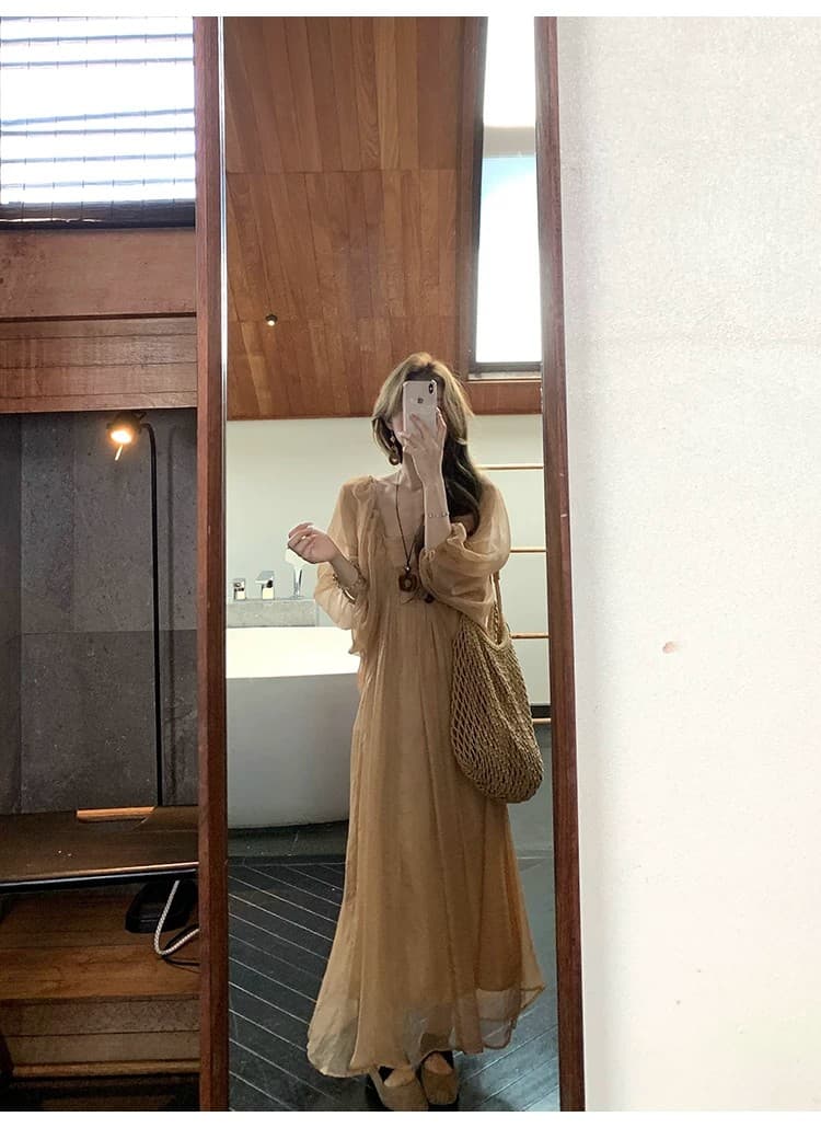 xxiiuu 호박색 깃발 감기 센스 광장 칼라 거품 소매 구슬 빛 여성 드레스 여름 품격 치마 상세 이미지 9