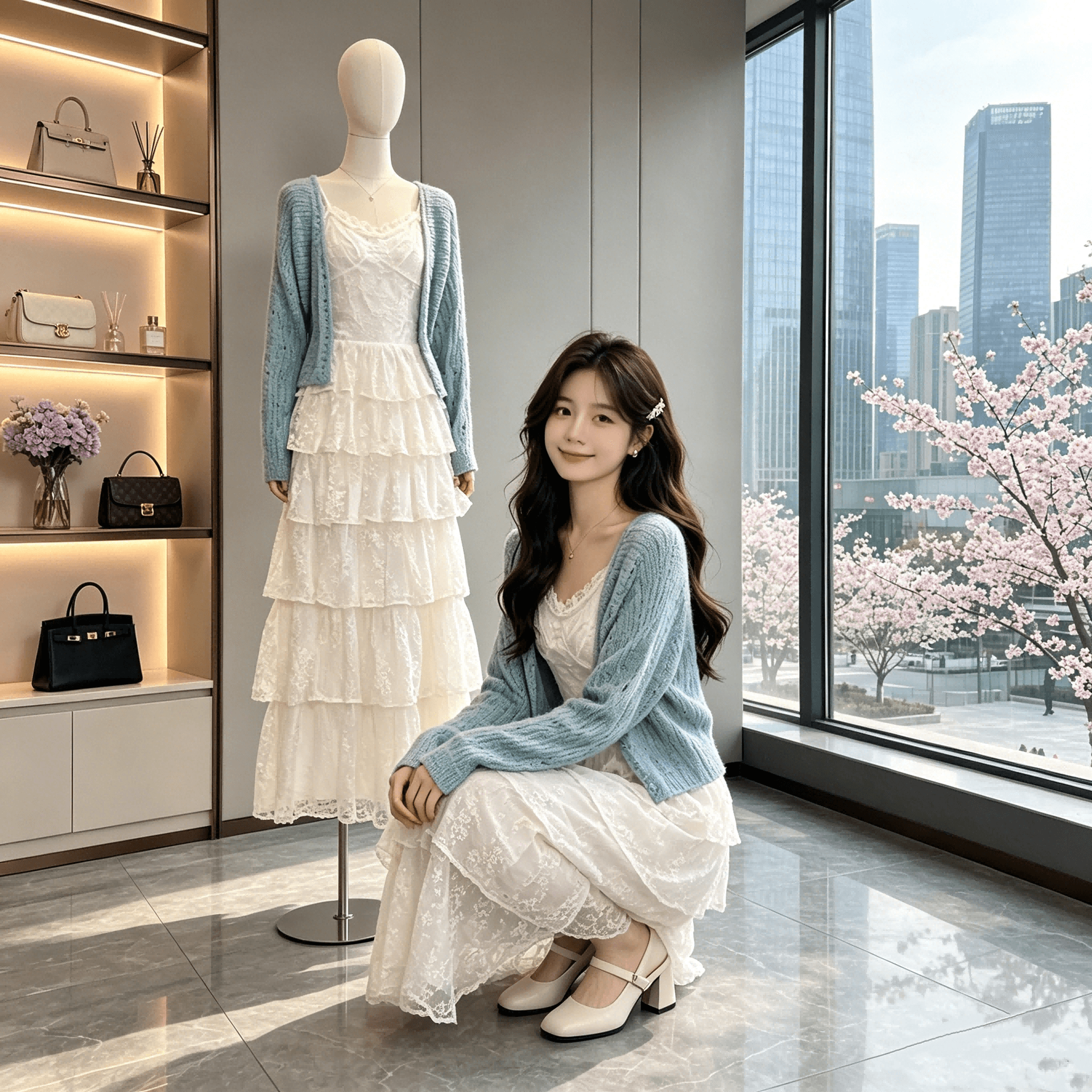 신제품 westayone 박하 녹색 스웨터 오픈 가디건 레이스 케이크 슬립 여성 드레스 봄 여름 새로운 상세 이미지 10