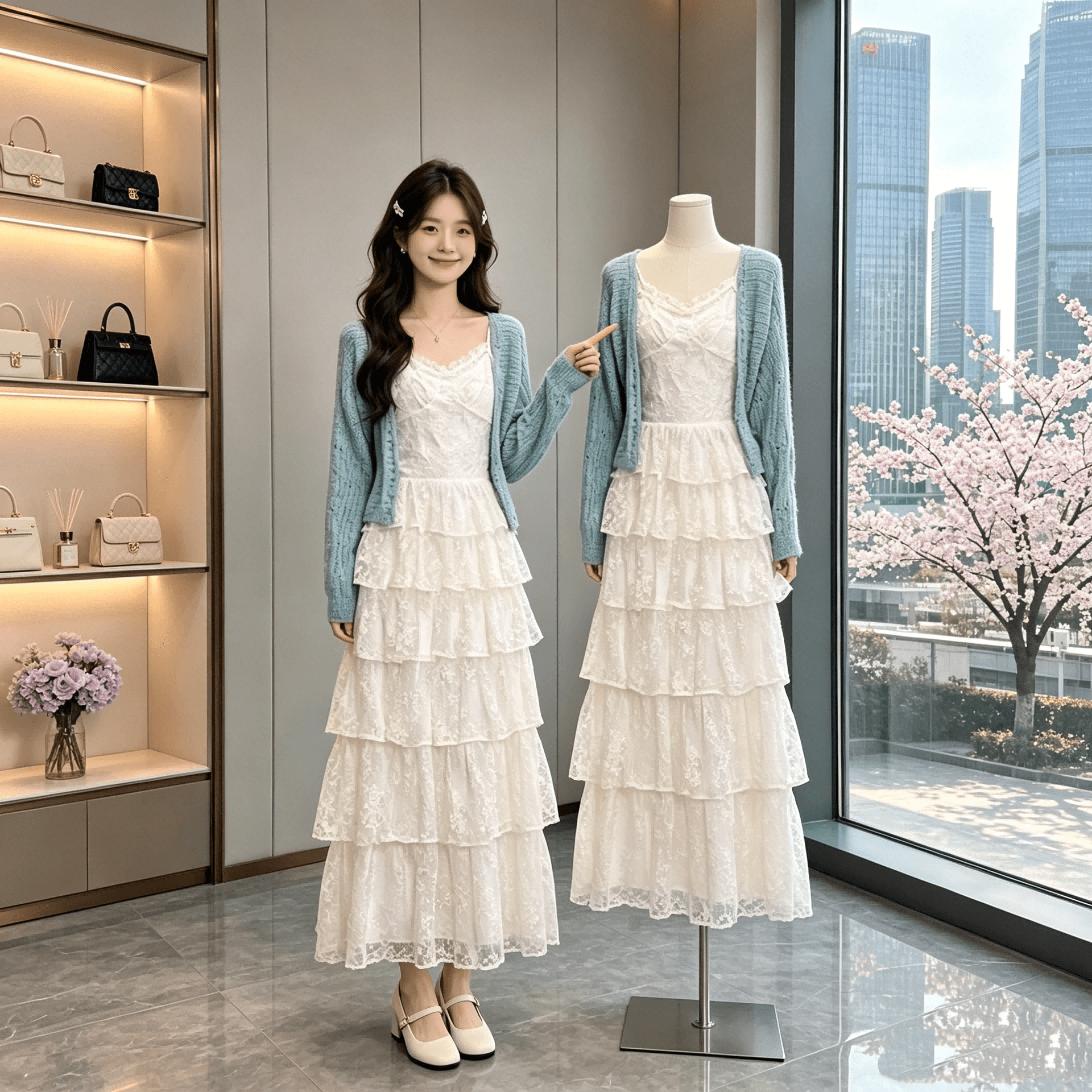 신제품 westayone 박하 녹색 스웨터 오픈 가디건 레이스 케이크 슬립 여성 드레스 봄 여름 새로운 상세 이미지 13